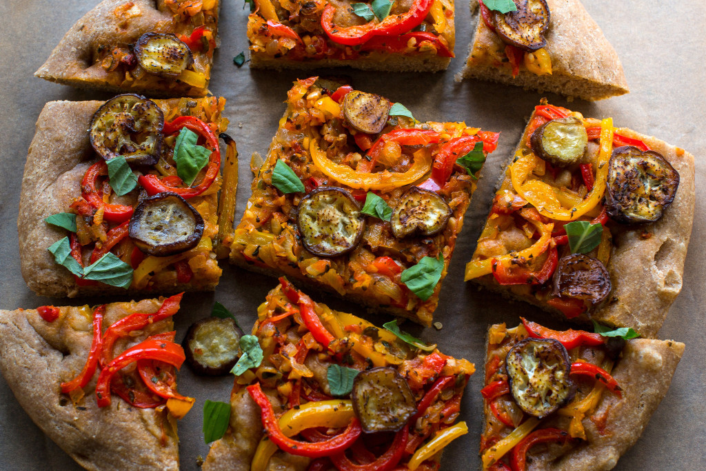 Whole Wheat Focaccia with Peppers and Eggplant