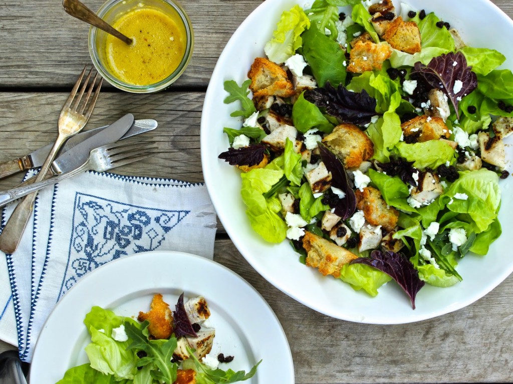 Butter lettuce salad with chicken, pickled currants, feta and croutons