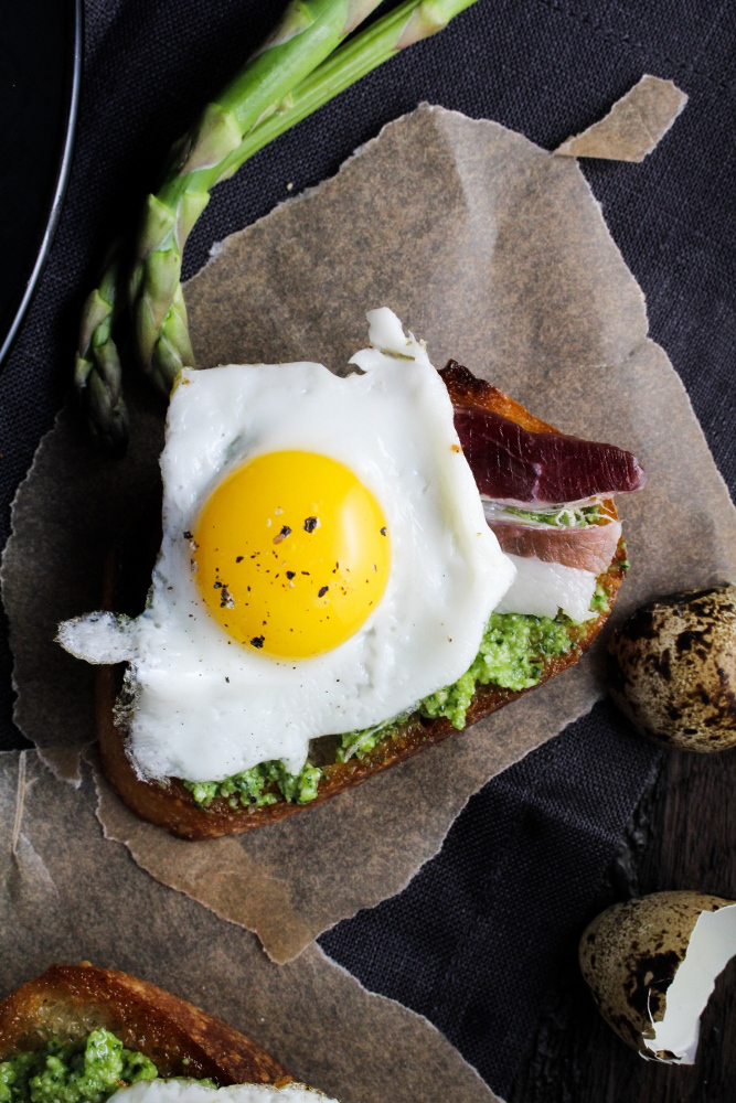 Duck Fat Toasts with Quail Eggs and Asparagus Pesto Dining and Cooking