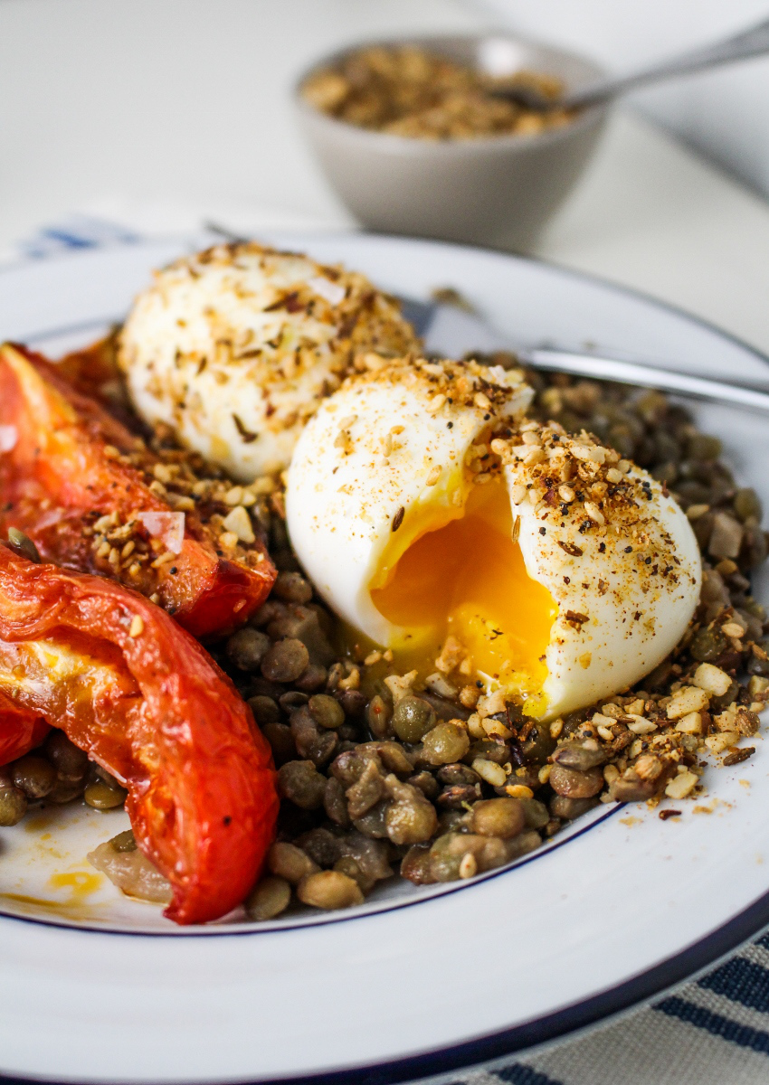 Lentils, Roasted Tomatoes, and DukkaCrumbed Eggs Dining and Cooking