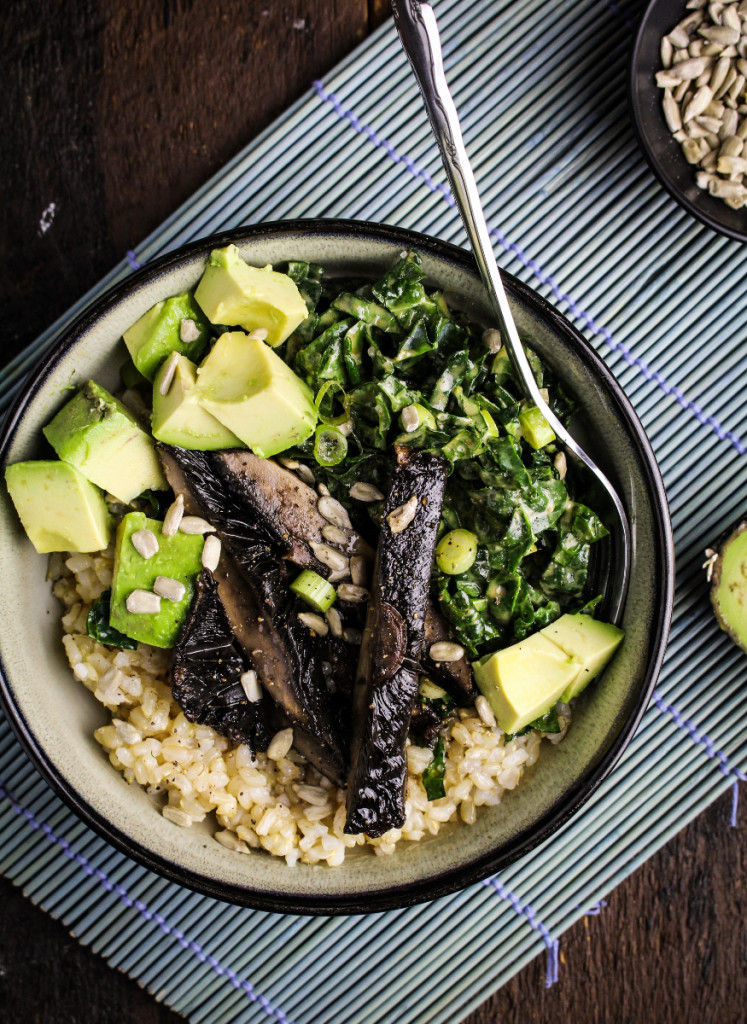 Tahini Kale Slaw and Roasted Tamari Portobello Bowl