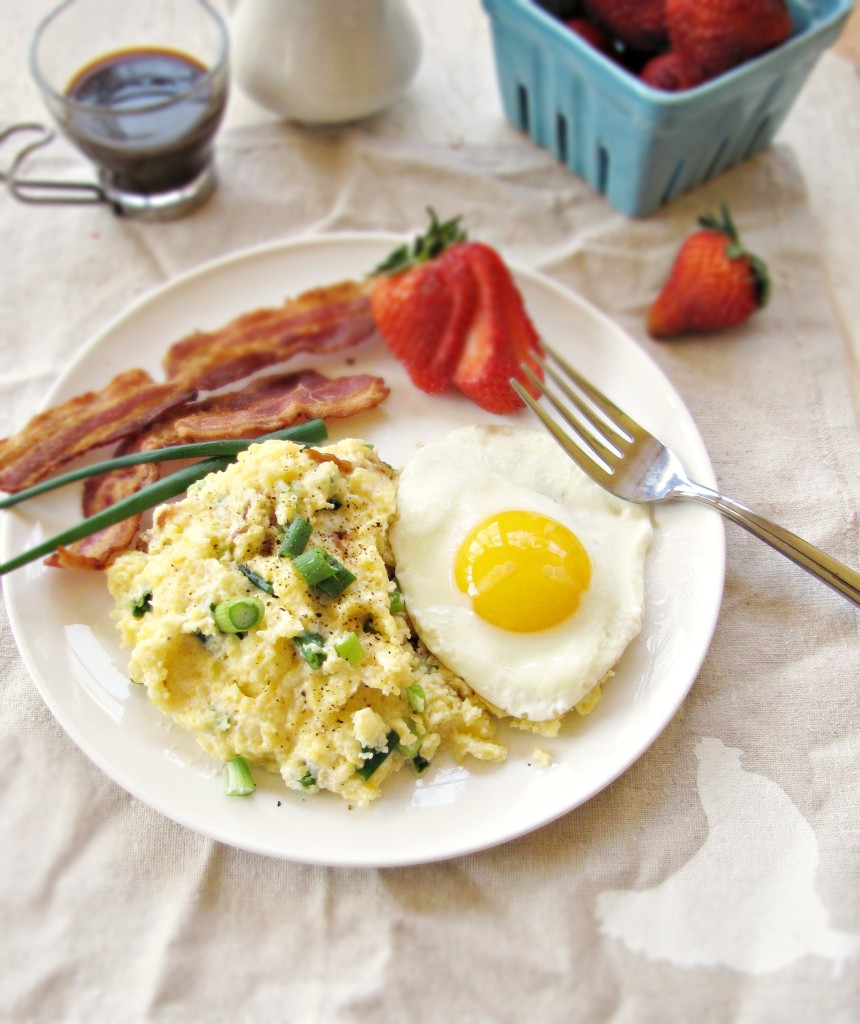 Creamy Scallion Bacon Grits with Runny Eggs Dining and Cooking