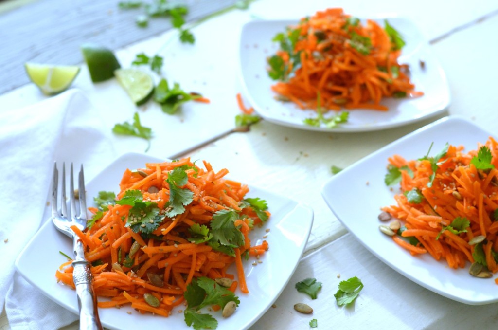 Carrot Cilantro Salad with Pumpkin Seeds and Ginger Peanut Dressing