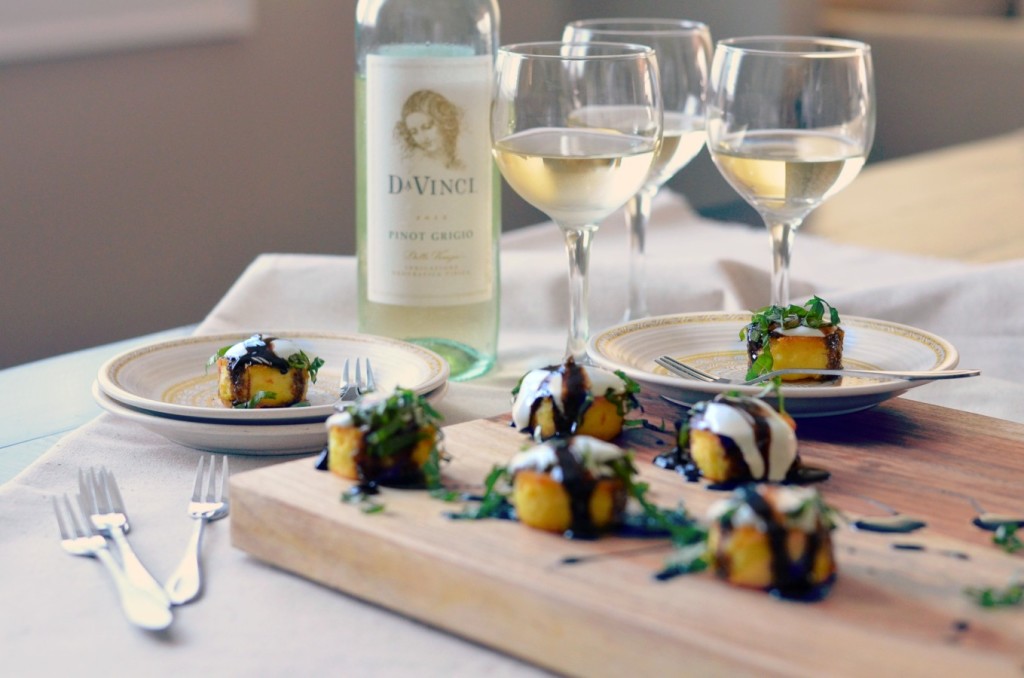 Crispy Polenta Bites with Crème Fraiche, Balsamic Glaze and Fresh Basil