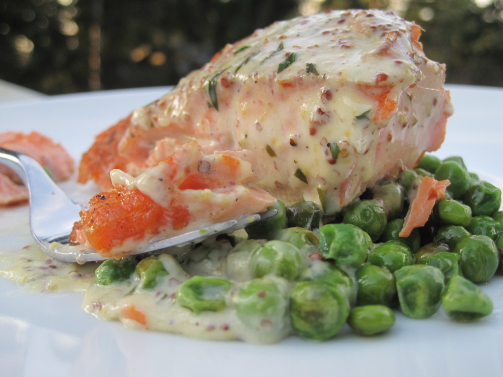 Lemon, Tarragon and Mustard Cream Sauce over Grilled Salmon and Spring Peas