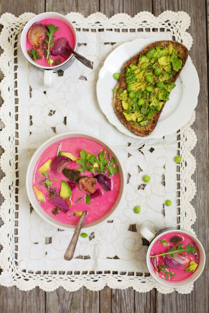 Pink Soup with Roasted Onions and Broccoli