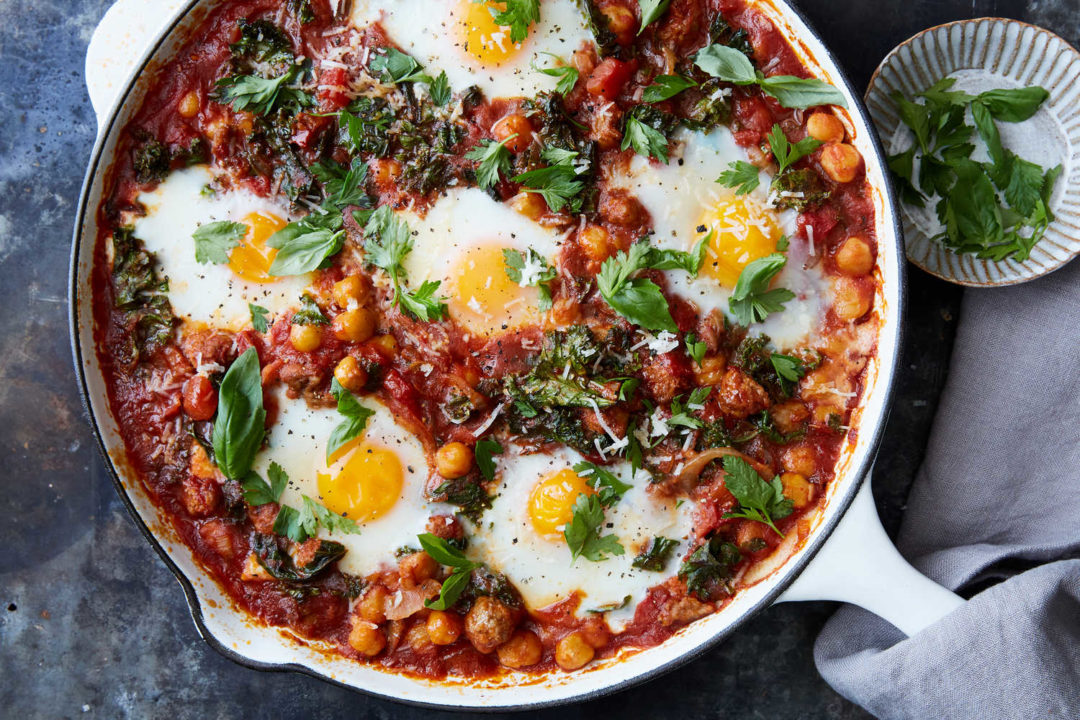 Baked Eggs With Sausage, Beans and Greens