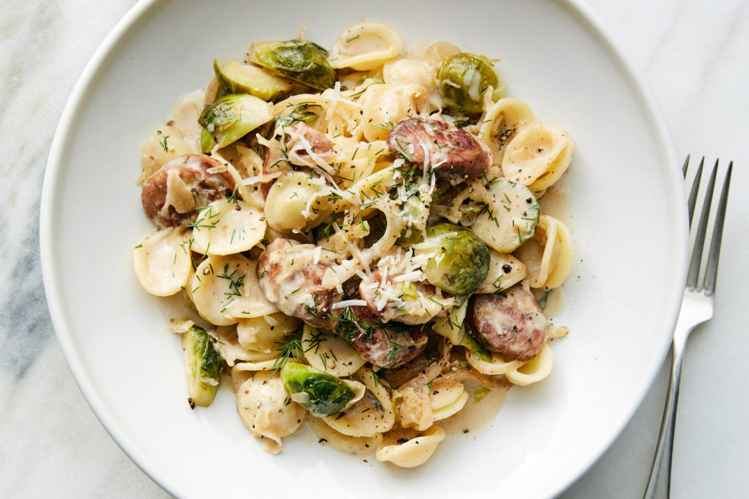 Choucroute Orecchiette With Brussels Sprouts and Bratwurst