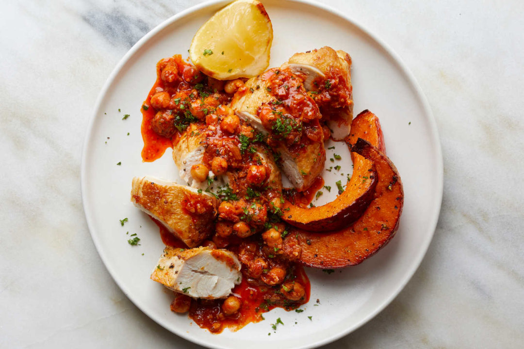 Roasted Chicken Breasts With Harissa-Coriander Chickpeas