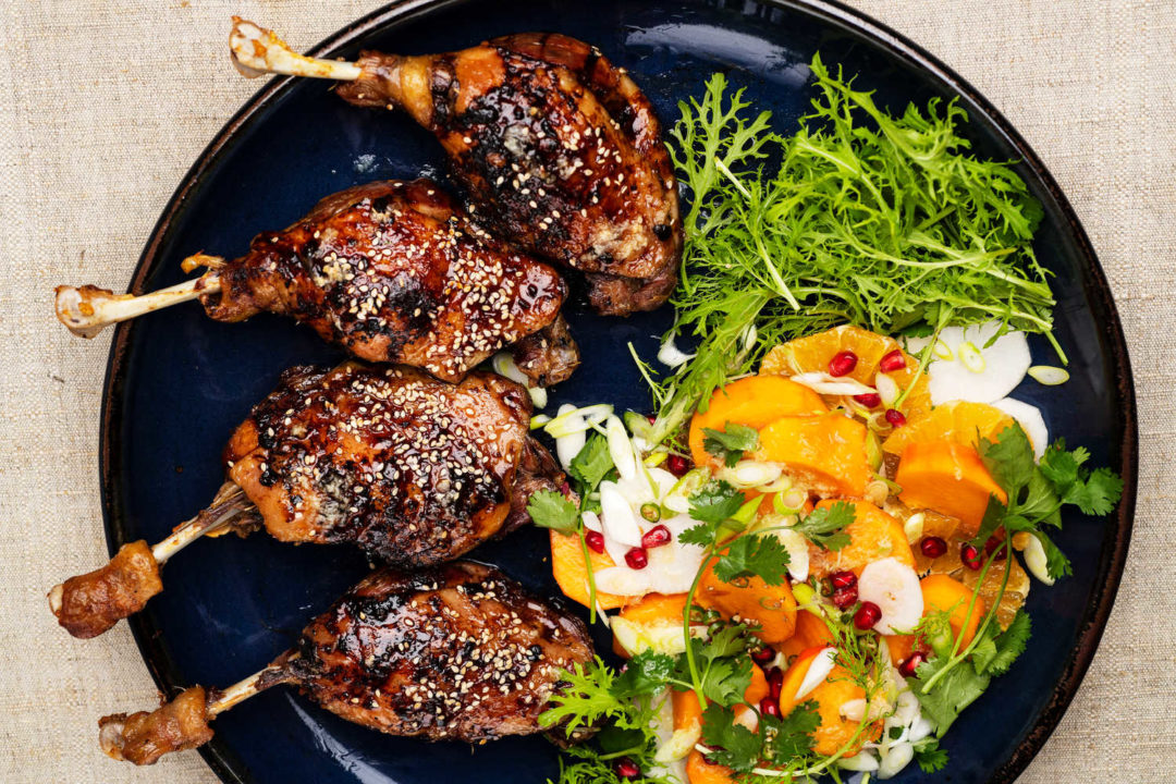 Sesame-Glazed Duck Legs With Spicy Persimmon Salad