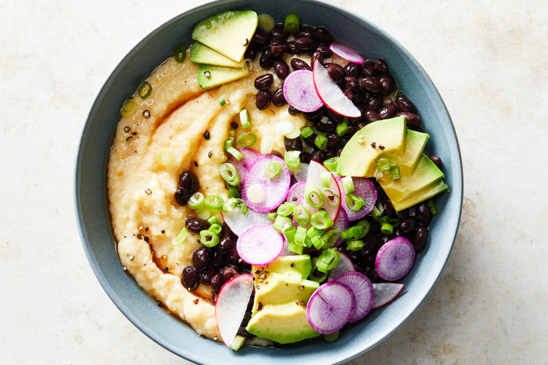 Cheese Grits with Saucy Black Beans, Avocado and Radish