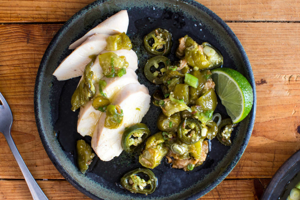 Oven-Poached Chicken Breasts With Tomatillos and Jalapeños