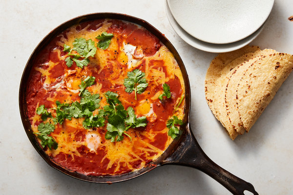 Skillet Vegetarian Chili With Eggs and Cheddar