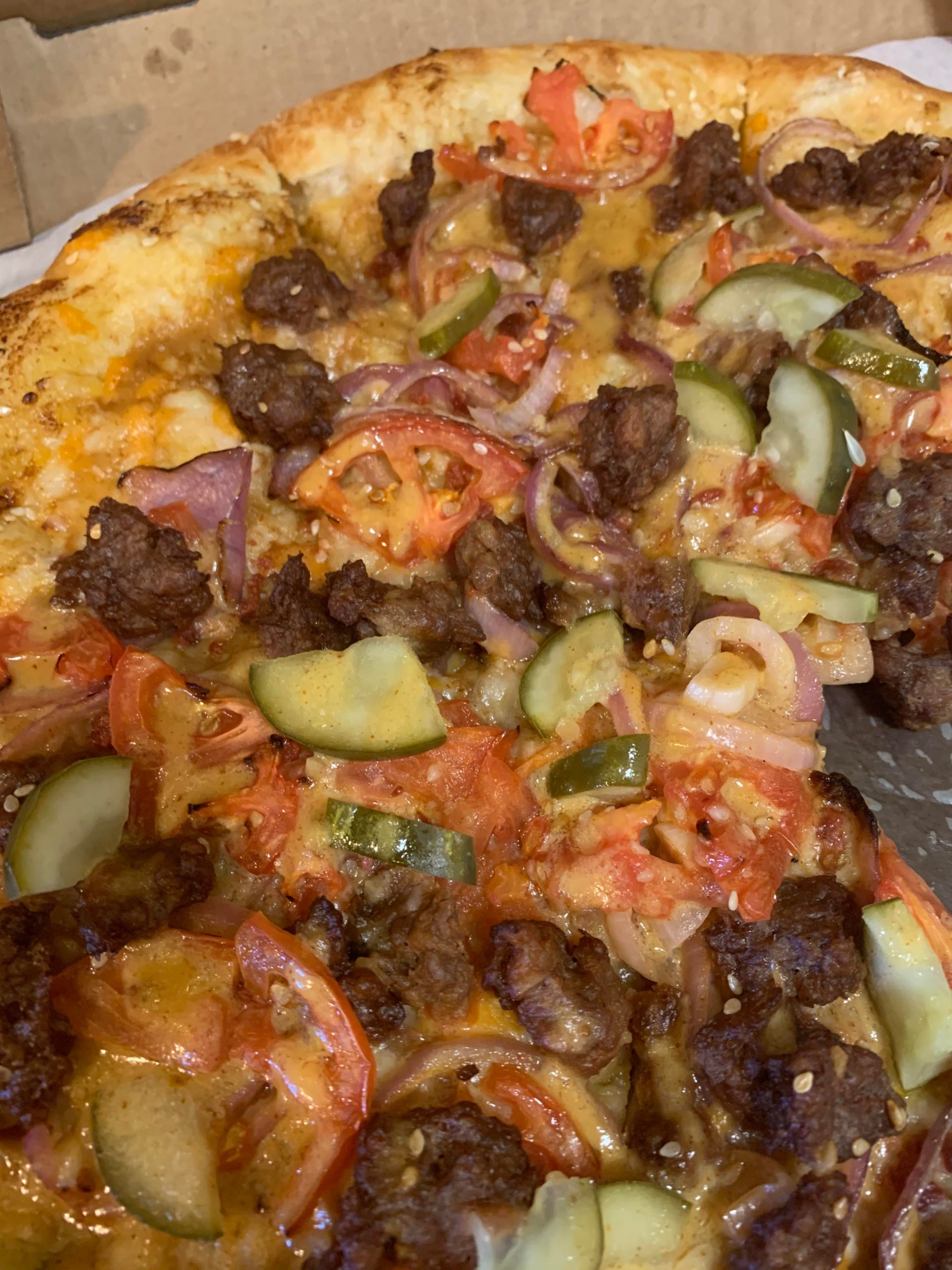 Vegan cheese burger pizza, with pickles. So very good. The Pie, Slc, Ut