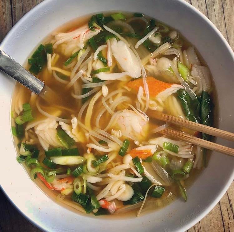 Imitation crab meat, enoki, rice noodle soup made with leftover veggie