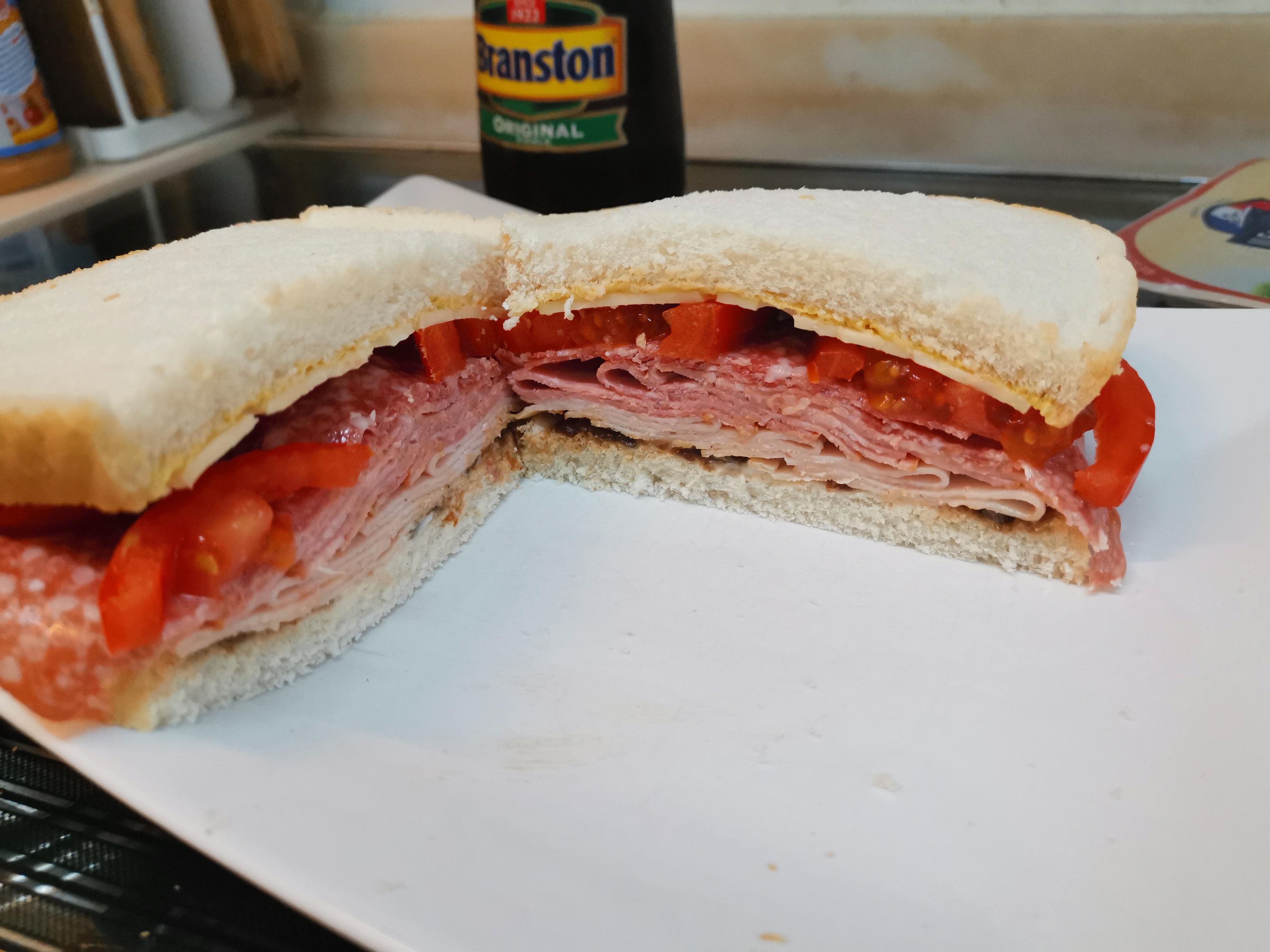 Turkey, ham, salami, Normantal, Branston Pickle, Dijon, mayo, salted