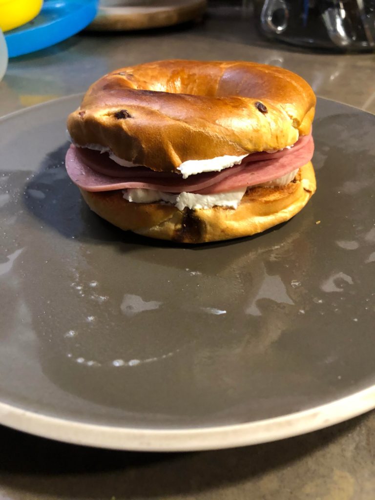 Toasted French toast bagel deli salami and cream cheese I call it the “I’m high”