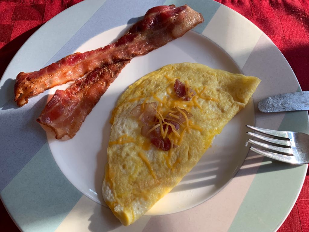 Quick quarantine cheddar cheese omelet with a side of bacon
