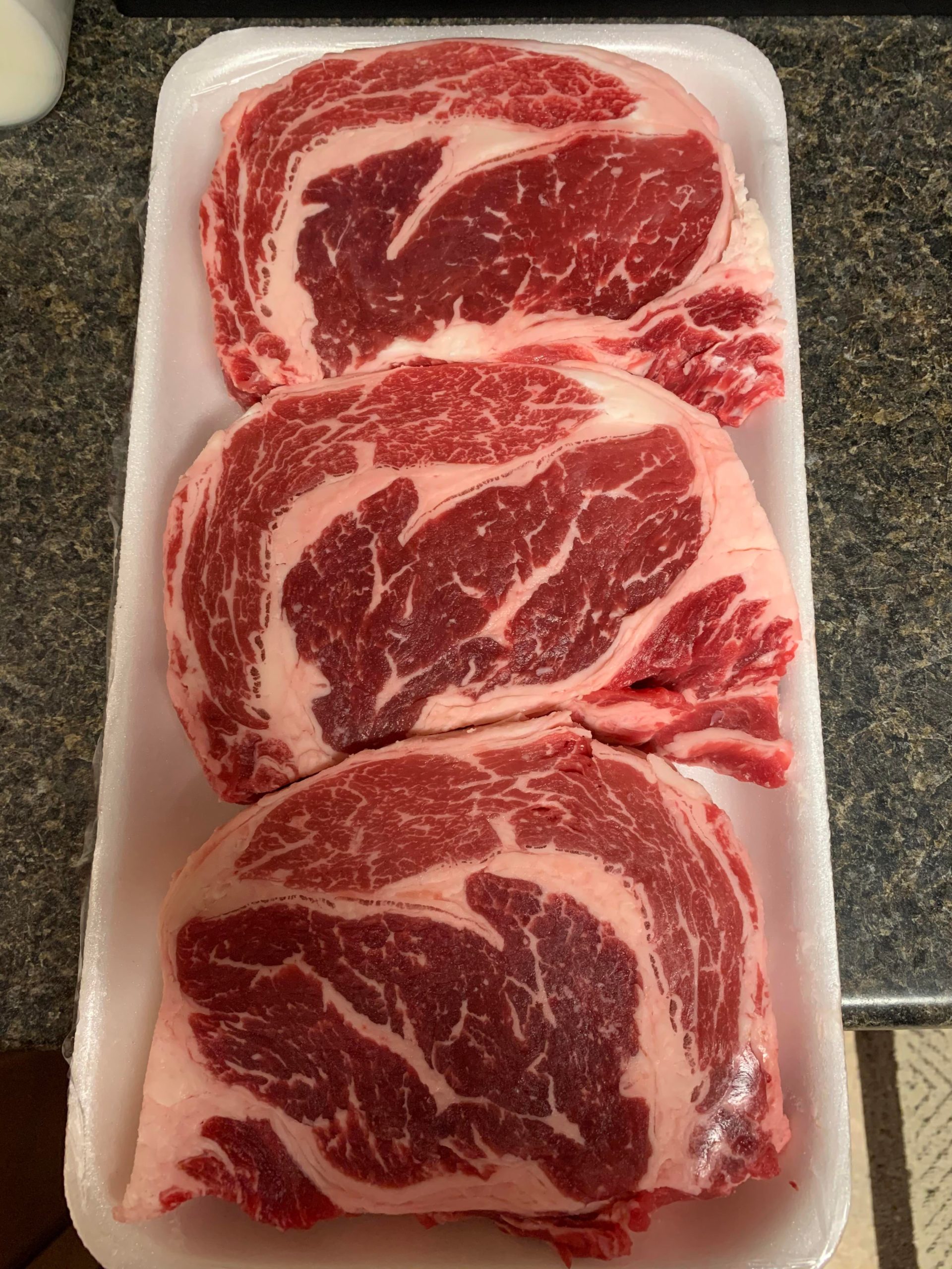 Probably the best looking Ribeyes I have ever bought. 9/lb at Costco