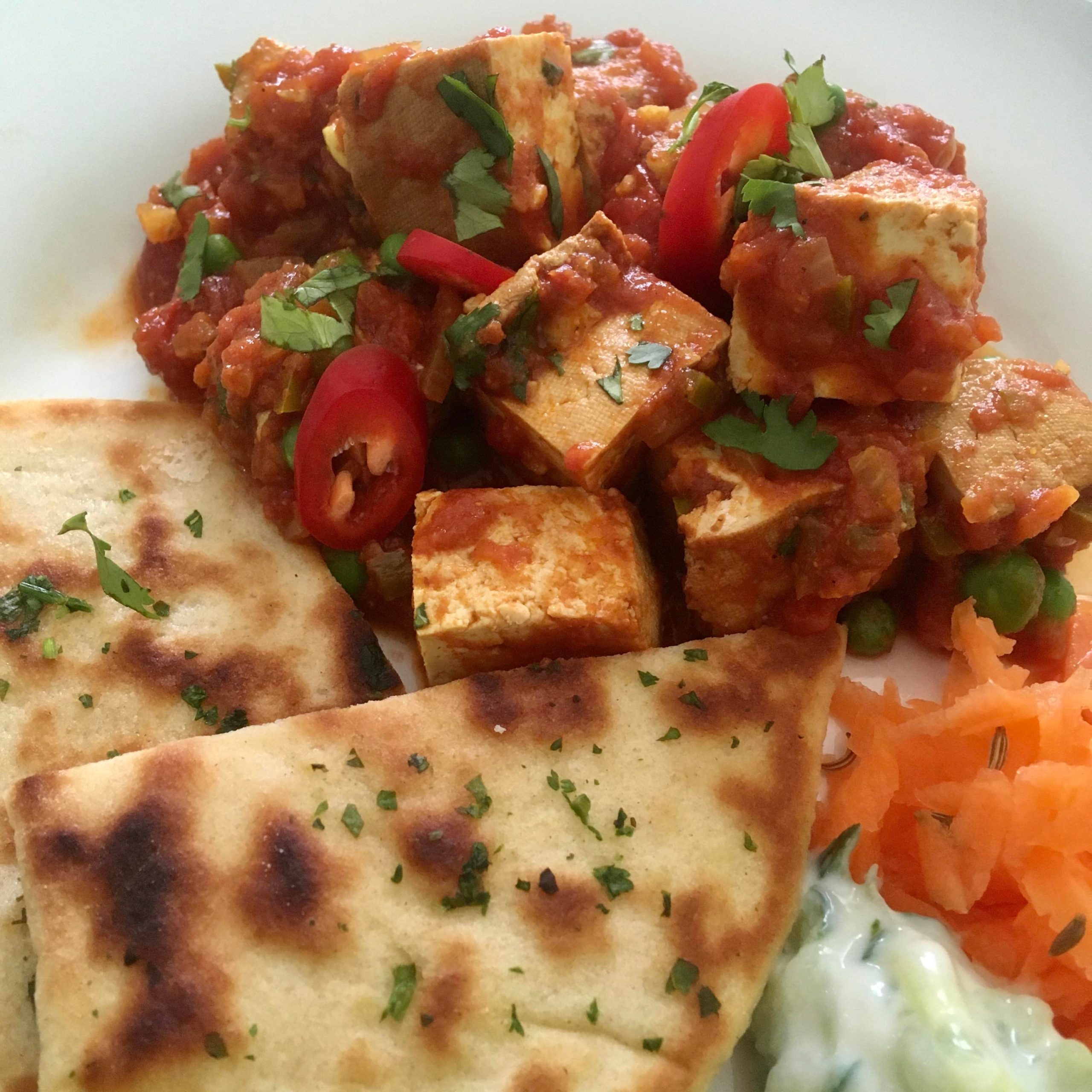 Smoked Tofu Curry w/ homemade Garlic & Coriander Naan, Carrot Salad and