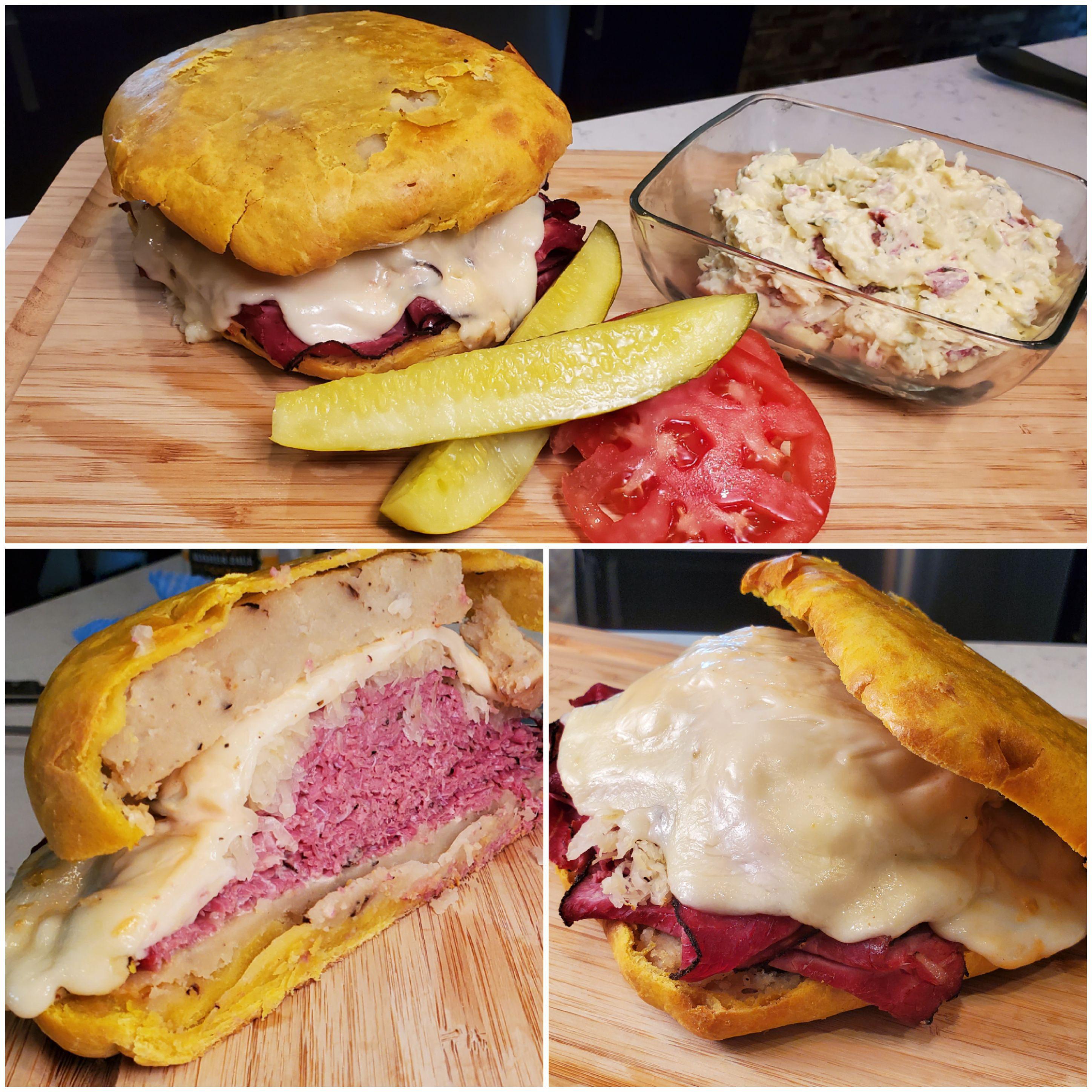 The classic 'not so classic' Reuben. Layers of pastrami, baby swiss, sauerkraut and lathered in