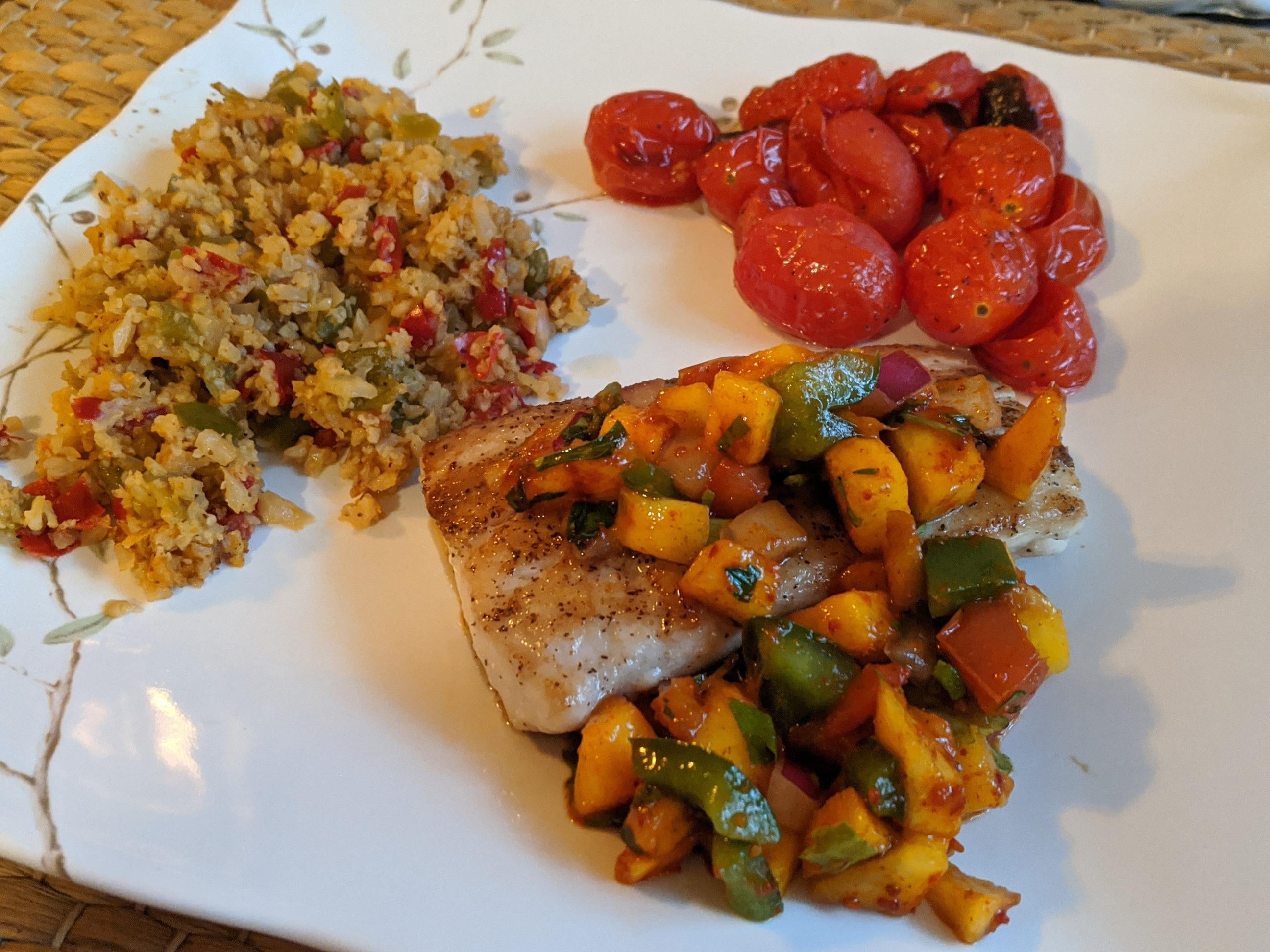 MahiMahi with mango salsa, blistered cherry tomatoes and riced