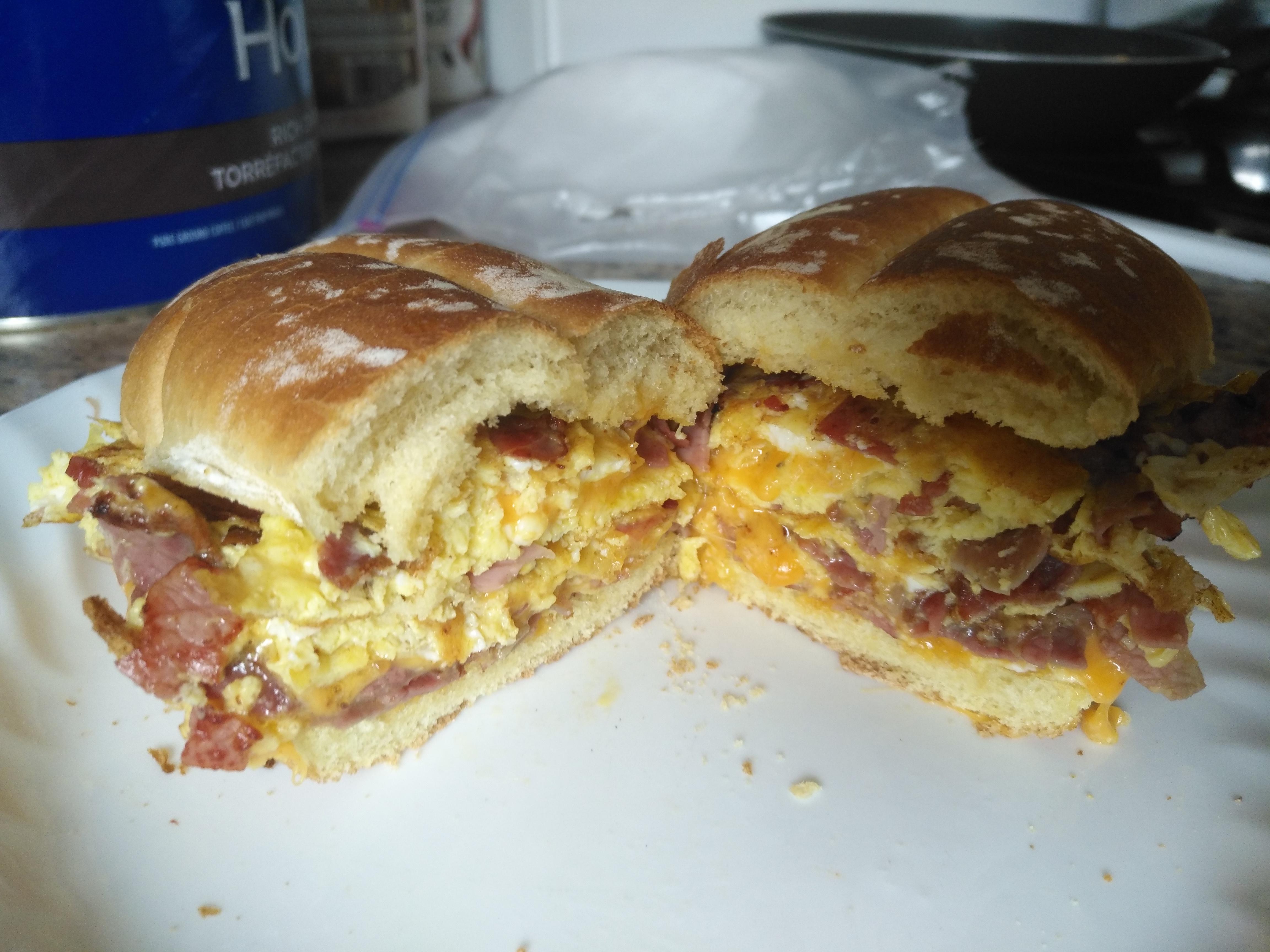 Fried eggs, pastrami and cheddar. Dining and Cooking