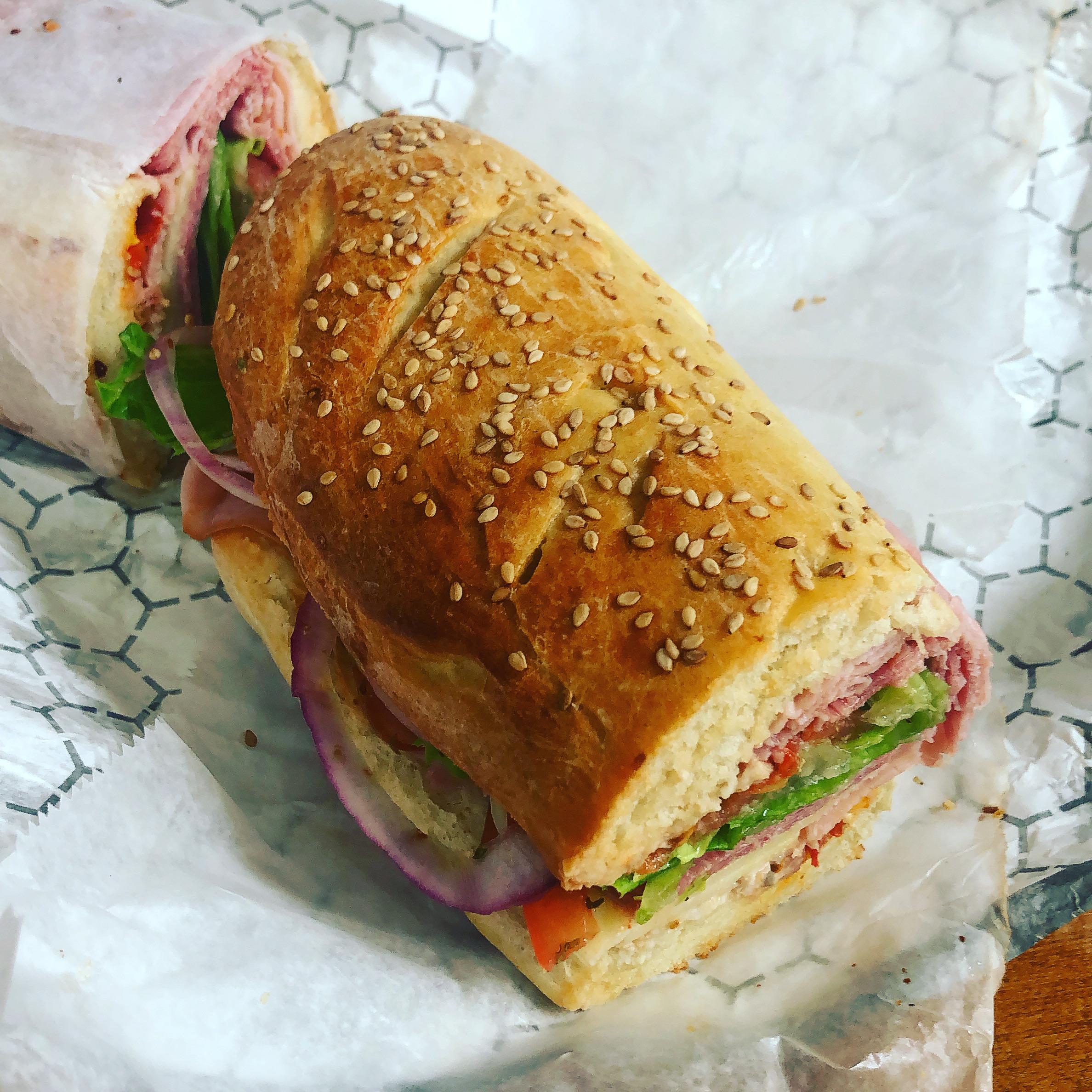 Ham, salami, provolone, bread baked this morning, and all the fixings