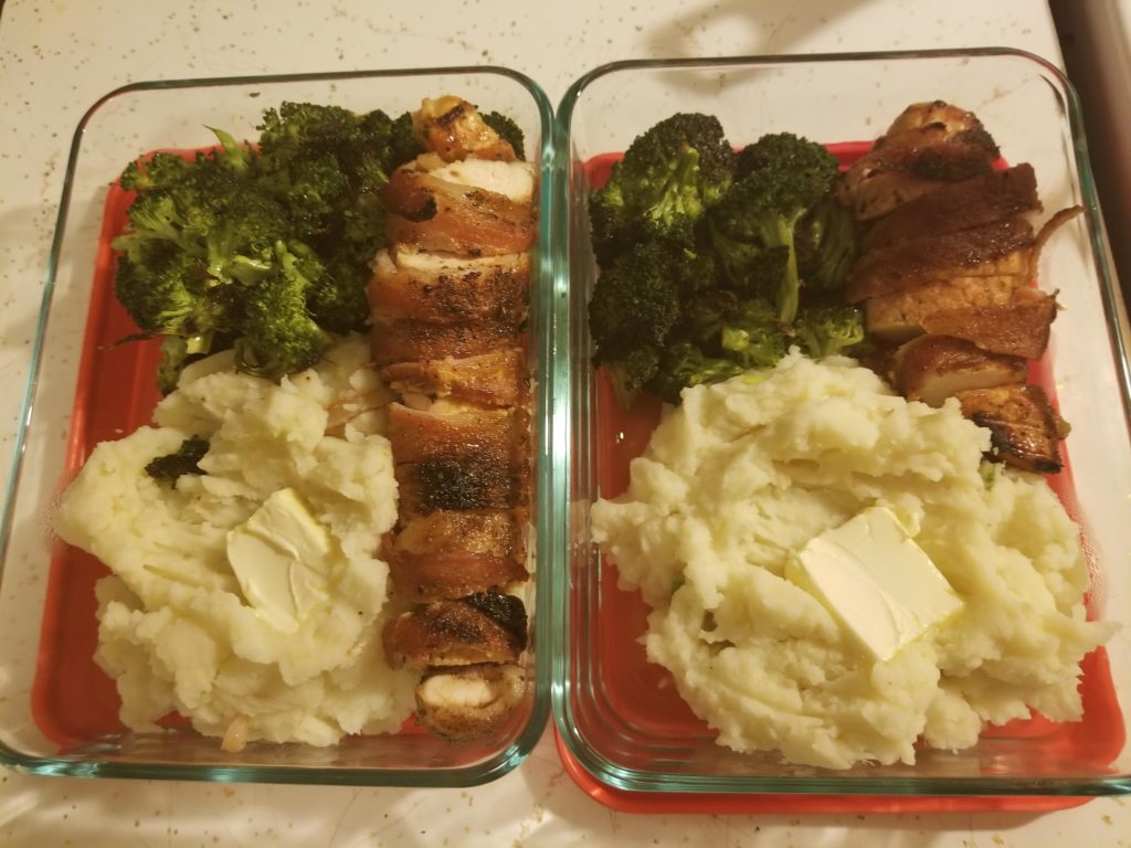 Prepped Bacon wrapped chicken, baked broccoli and mashed potatoes for a couple lunches this week.