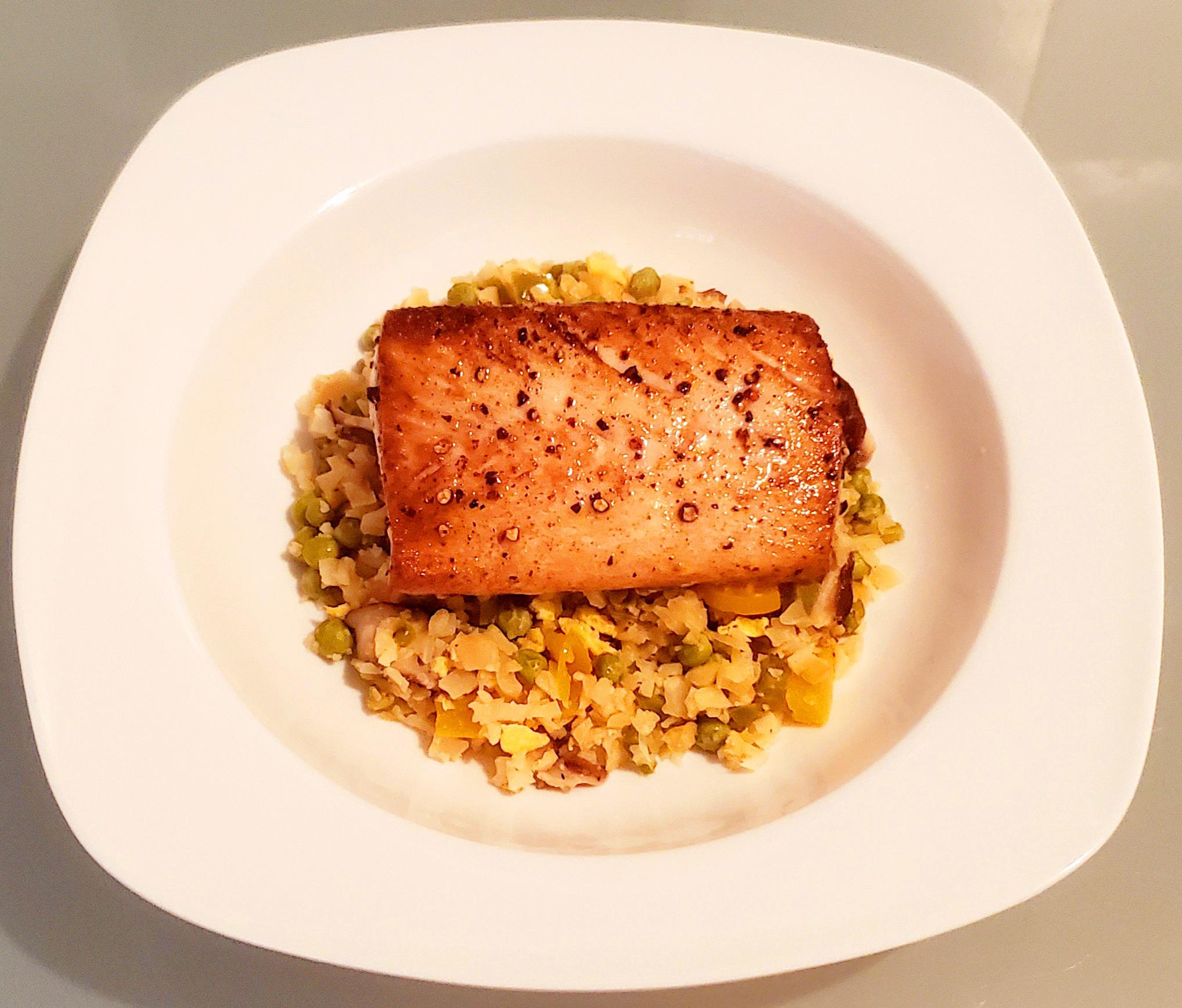 Pan Seared Mahi Mahi with Cauliflower Vegetable Fried Rice - Dining and