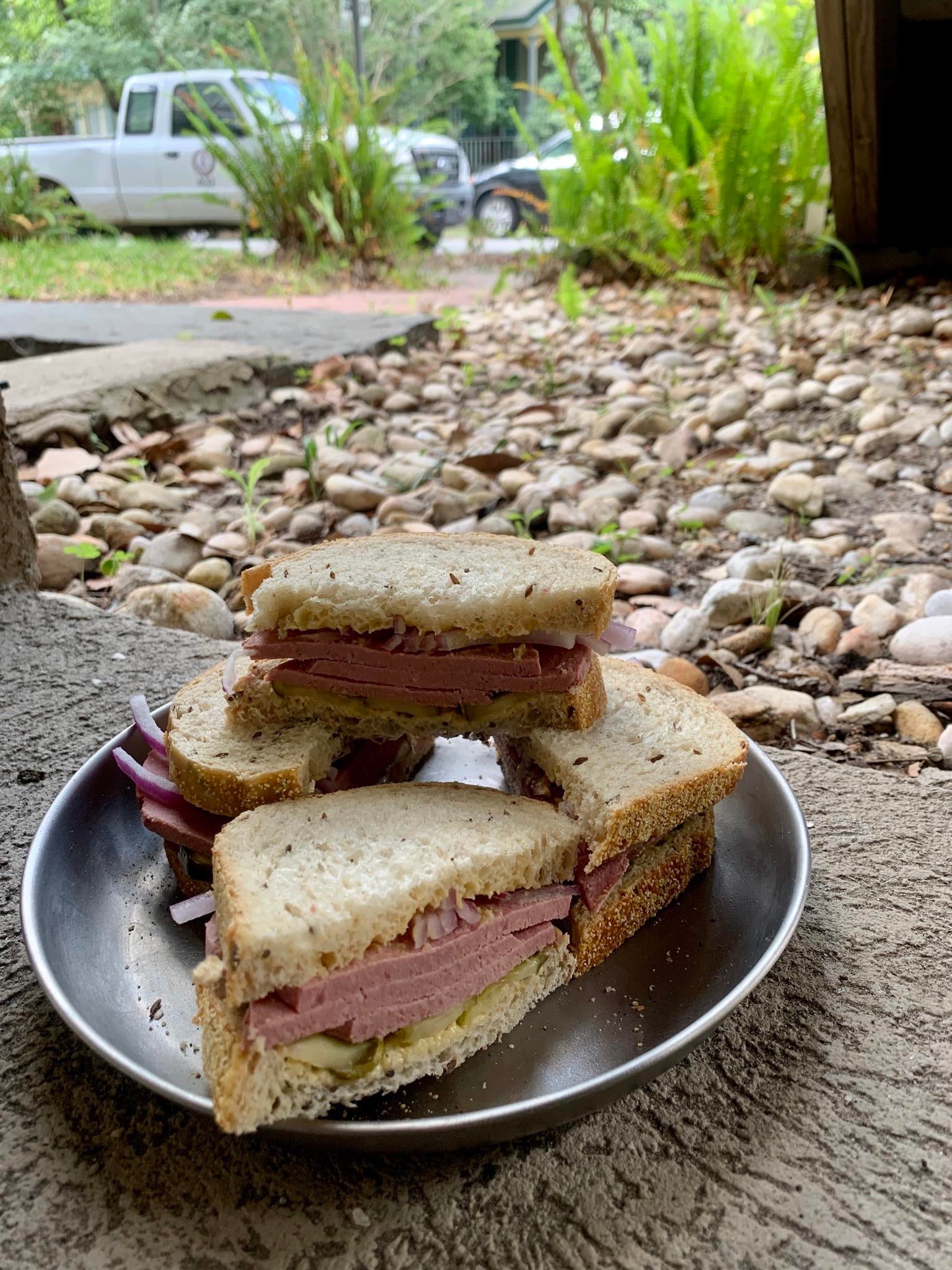 Liverwurst on rye with red onion, Boars Head horseradish bread & butter