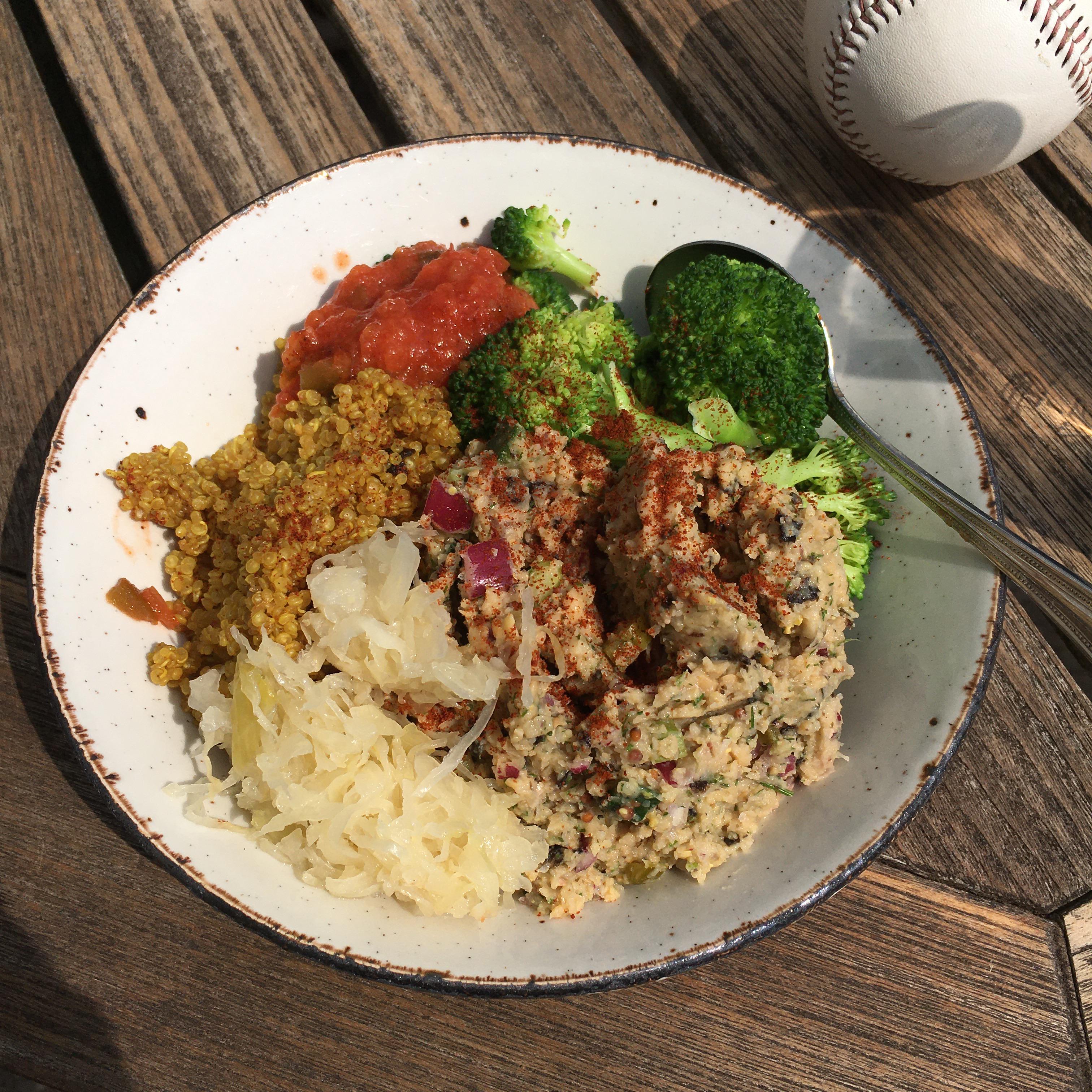 Forks Over Knives chickpea tuna, quinoa, sauerkraut, salsa and broccoli