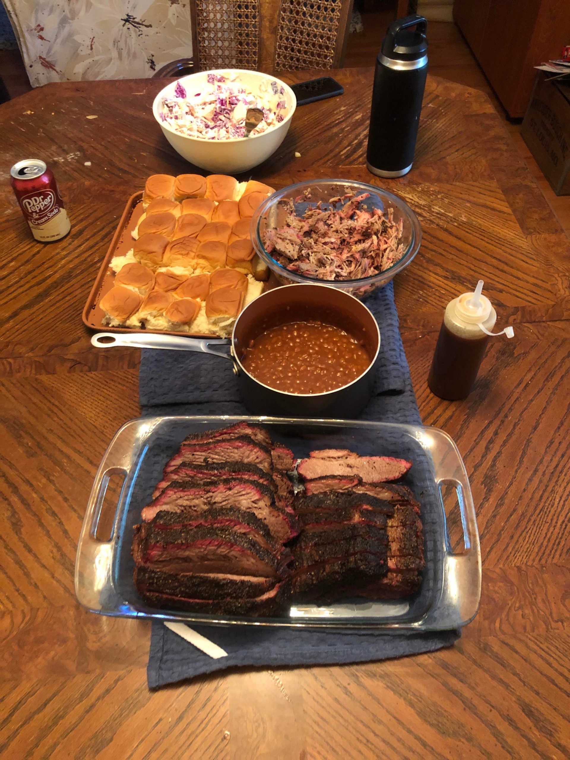 Smoked brisket and pork shoulder with blue cheese coleslaw baked beans