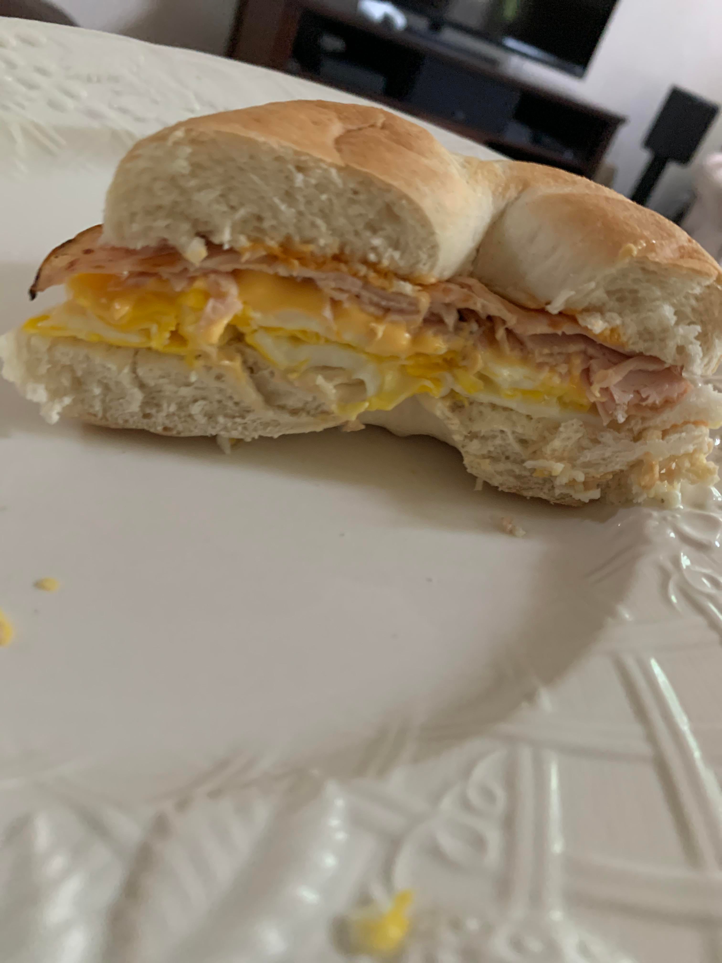 Turkey egg and cheese on a bagel to start my day Dining and Cooking