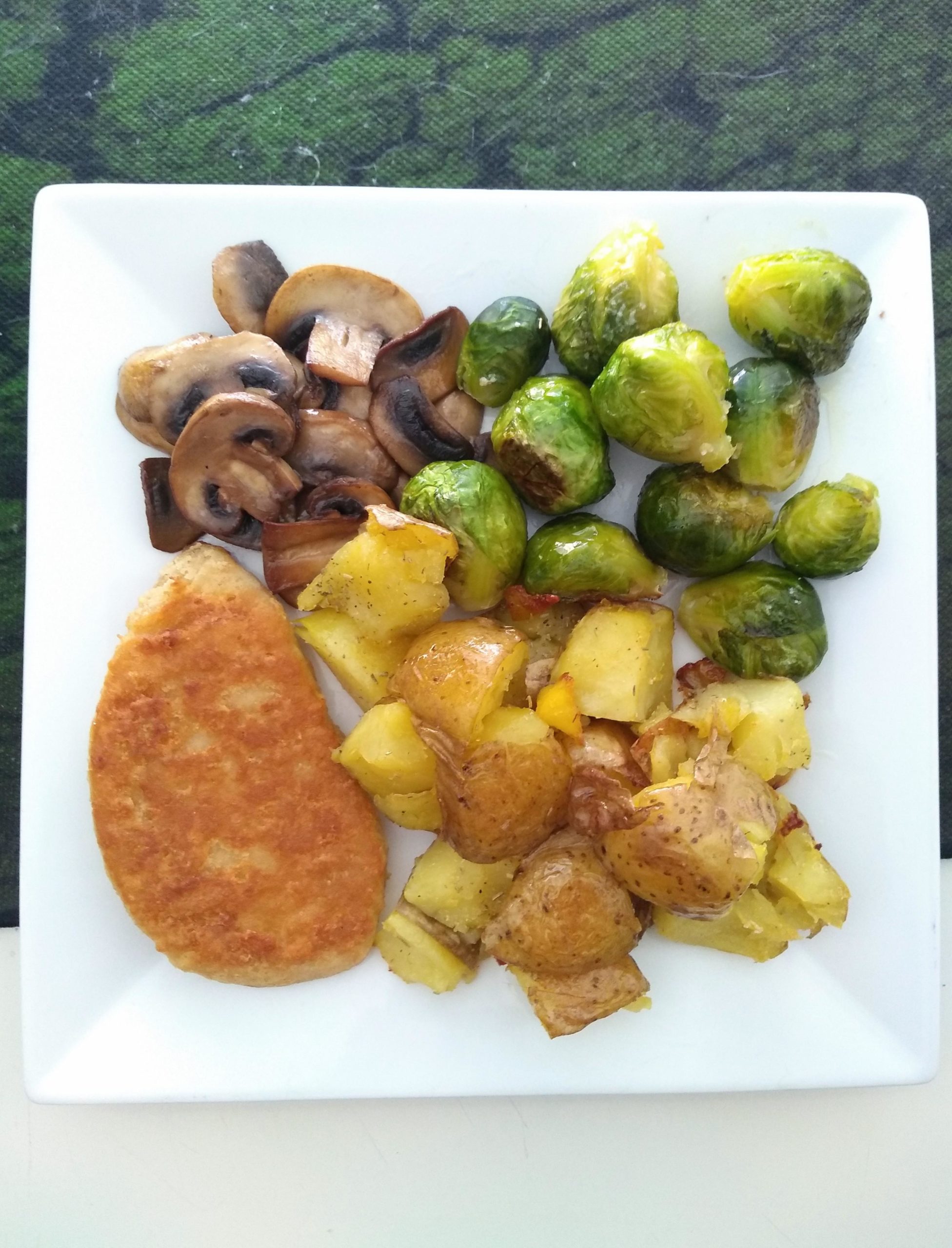 Brussel sprouts, mushrooms, smashed potatoes and vegan Quorn "fish