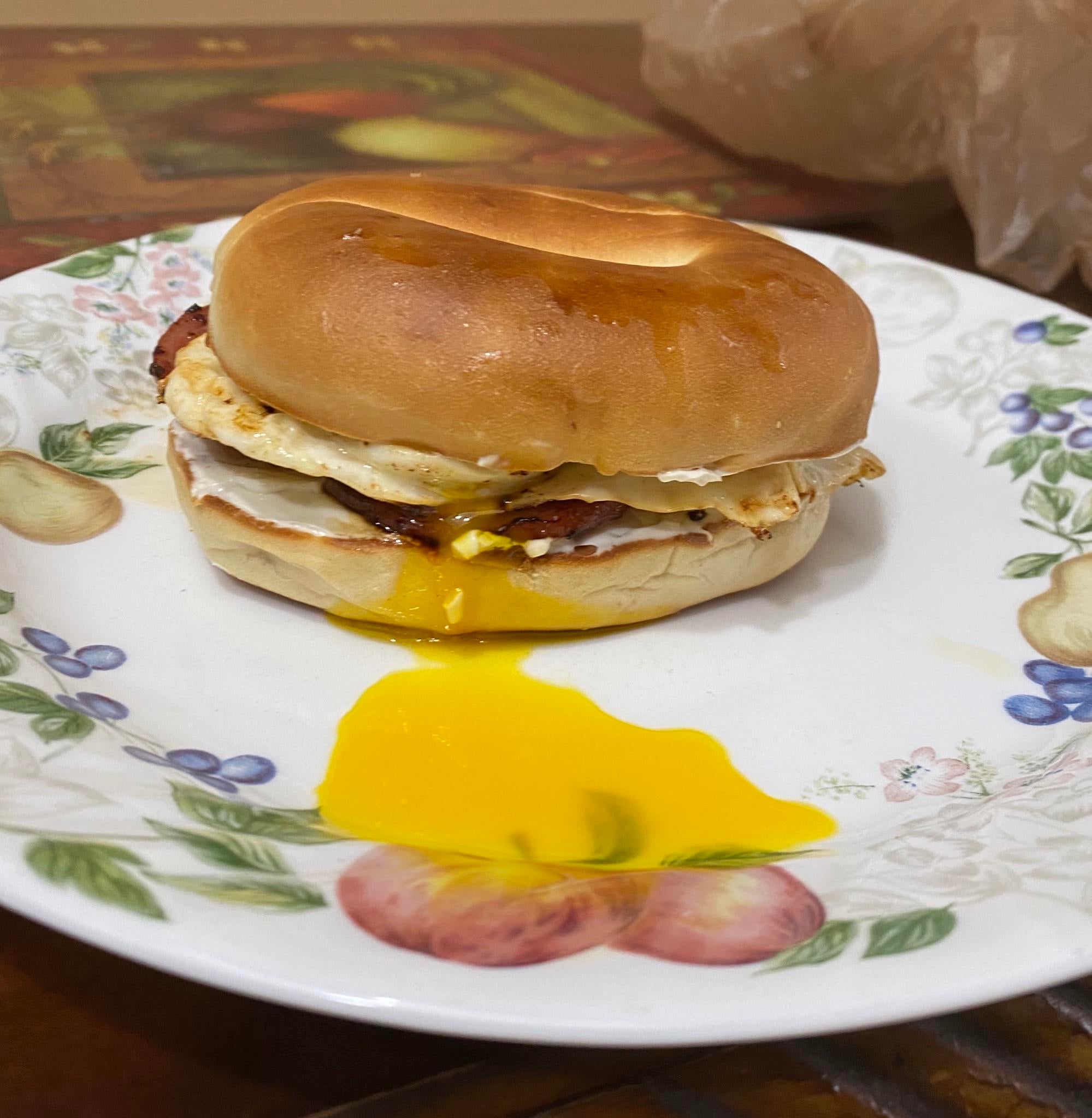 My simple breakfast sandwich cream cheese on bagel, fried summer