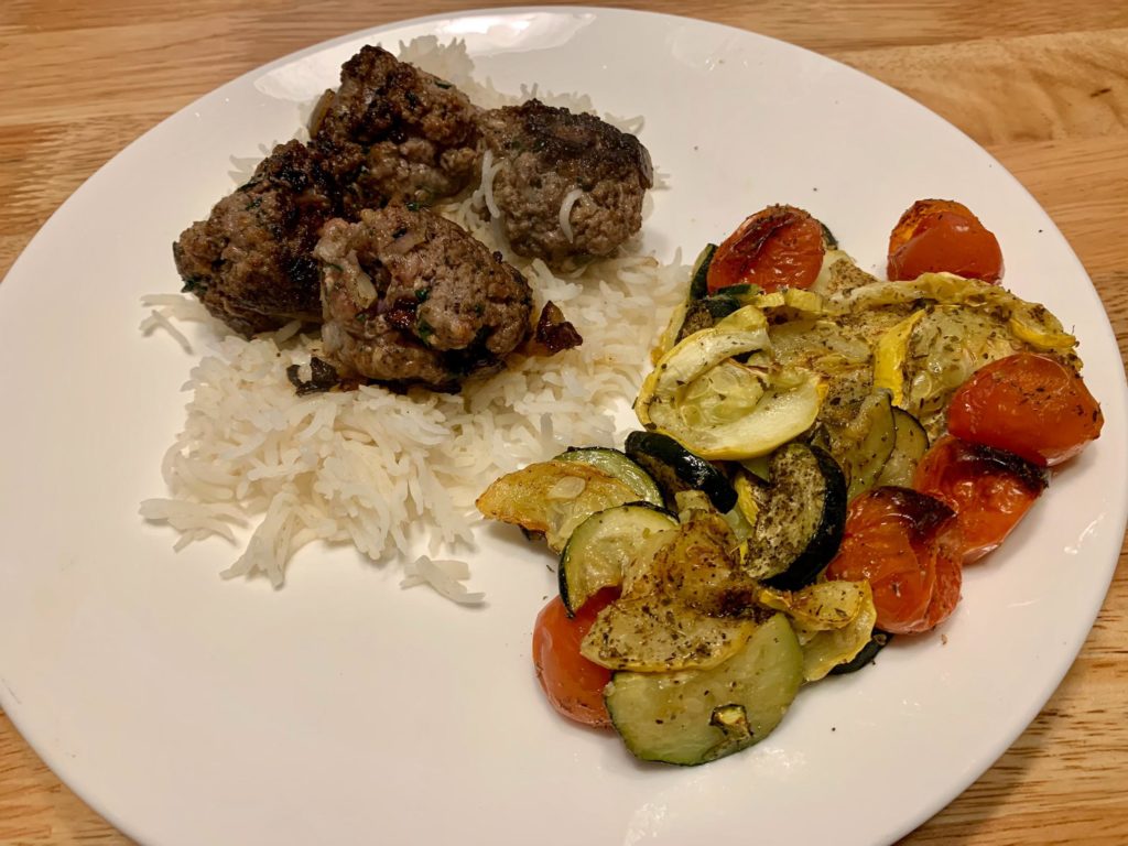 Beef Kofta Meatballs and Basmati Rice w/ Roasted Vegetables (626 calories)