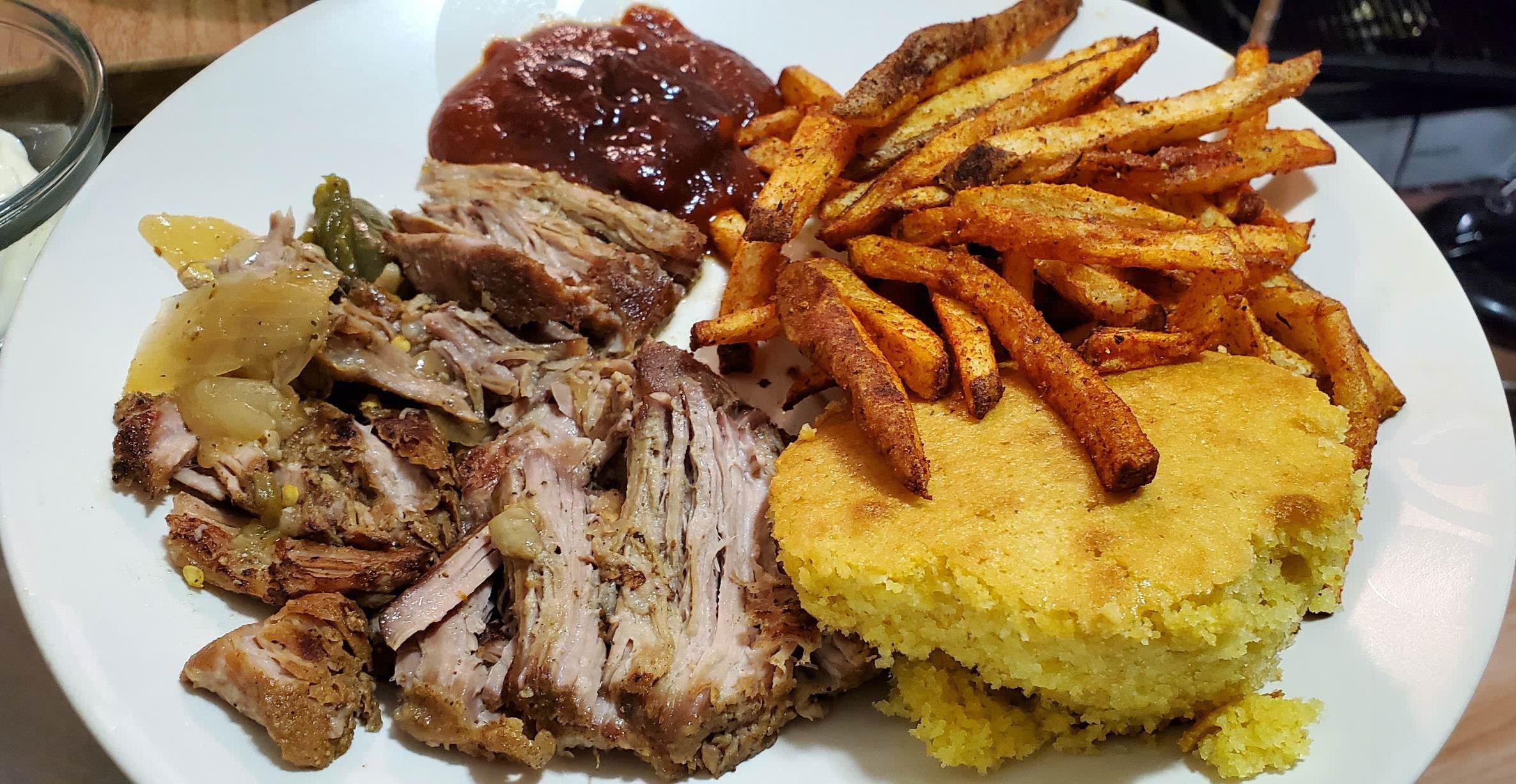 Carnitas, cajun fries, cornbread, habanero bbq sauce Dining and Cooking