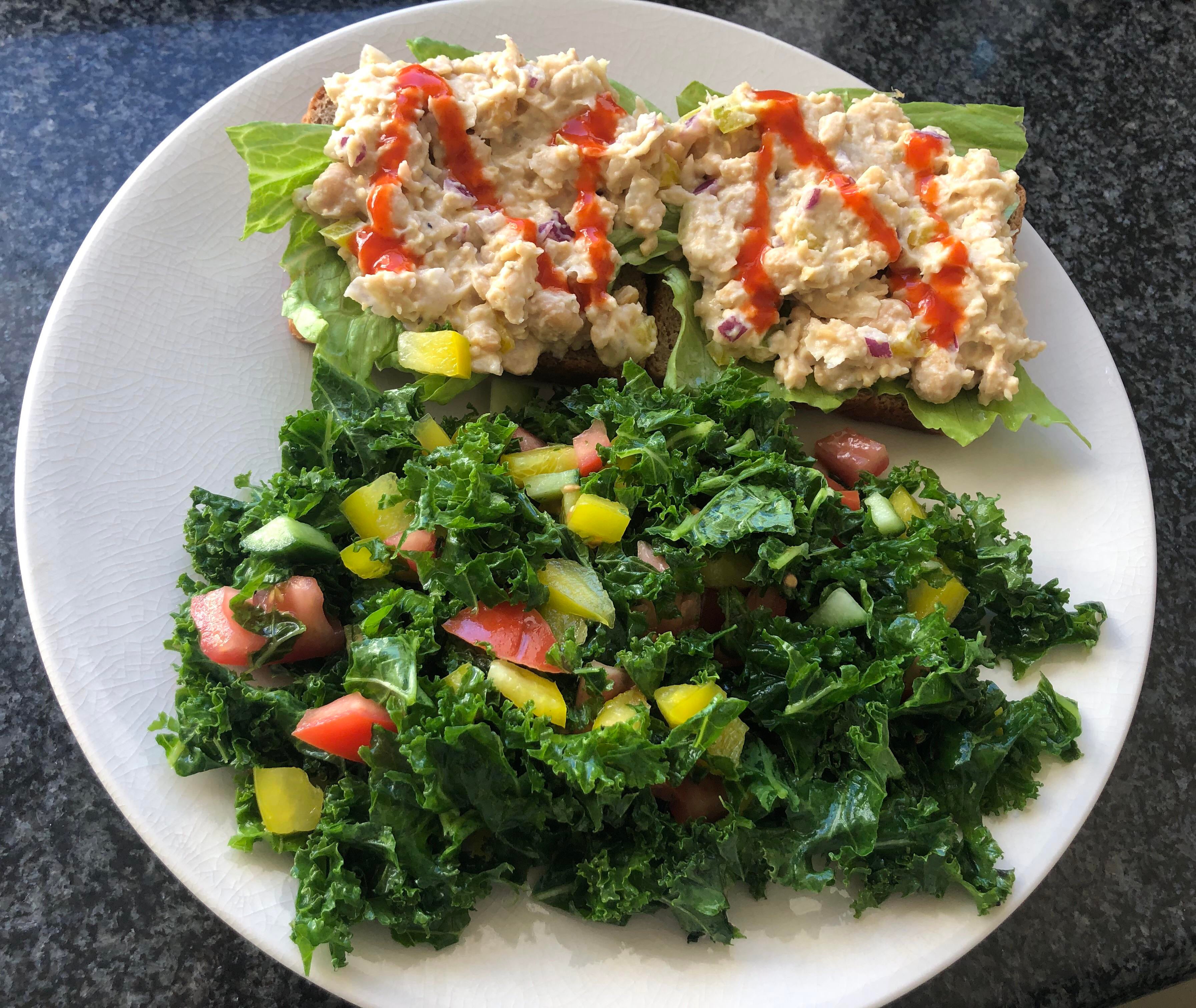 A delicious and filling lunch! Openfaced chickpea “tuna” sandwiches and kale salad Dining and