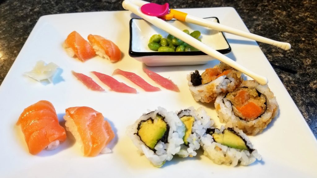 When your only customer is a 3 year old. Mini sushi. Tuna sashimi, salmon nigiri, sweet potato maki avocado maki and edamame.