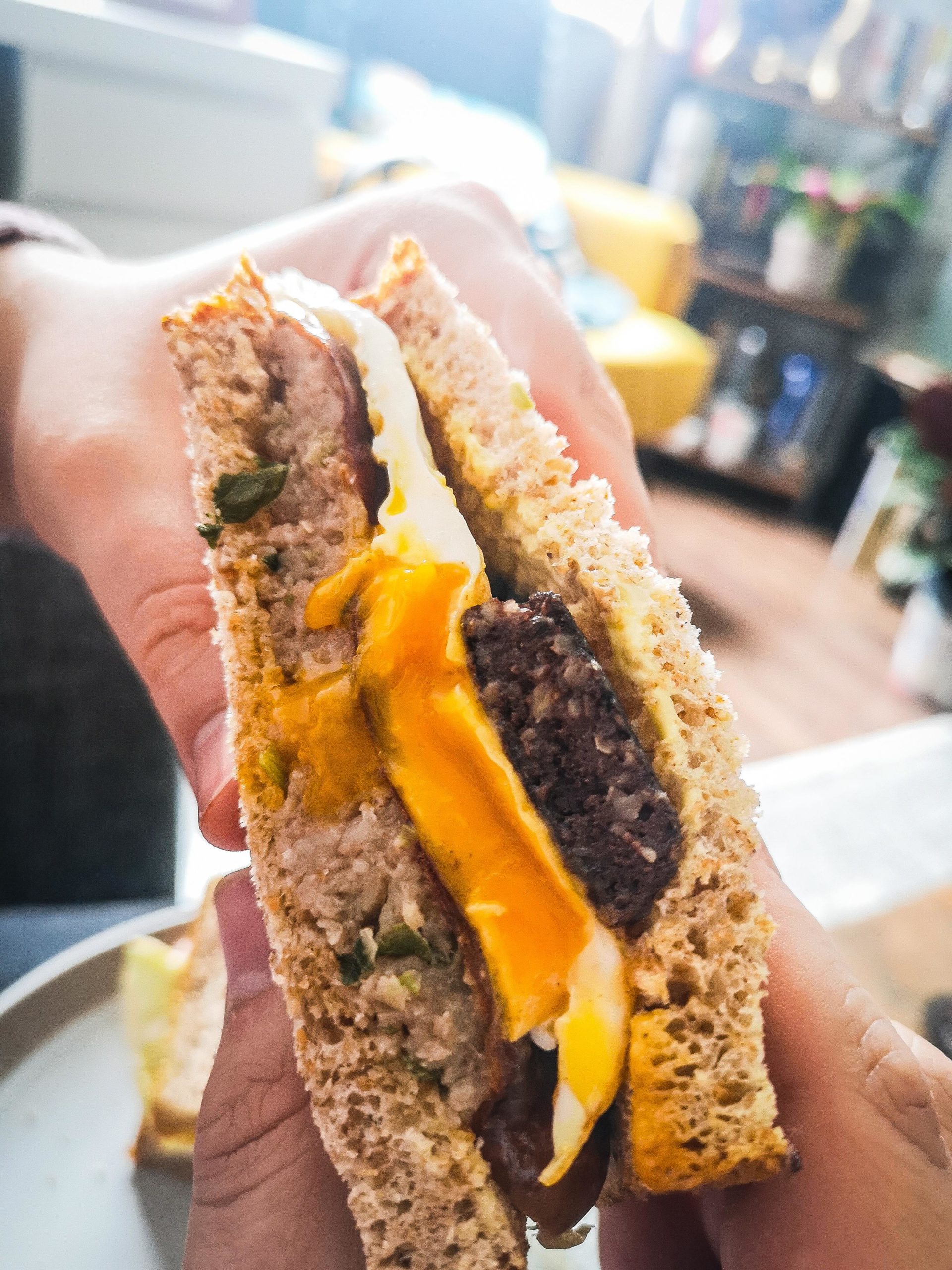 Pork and leek sausage, fried egg and black pudding. Dining and Cooking