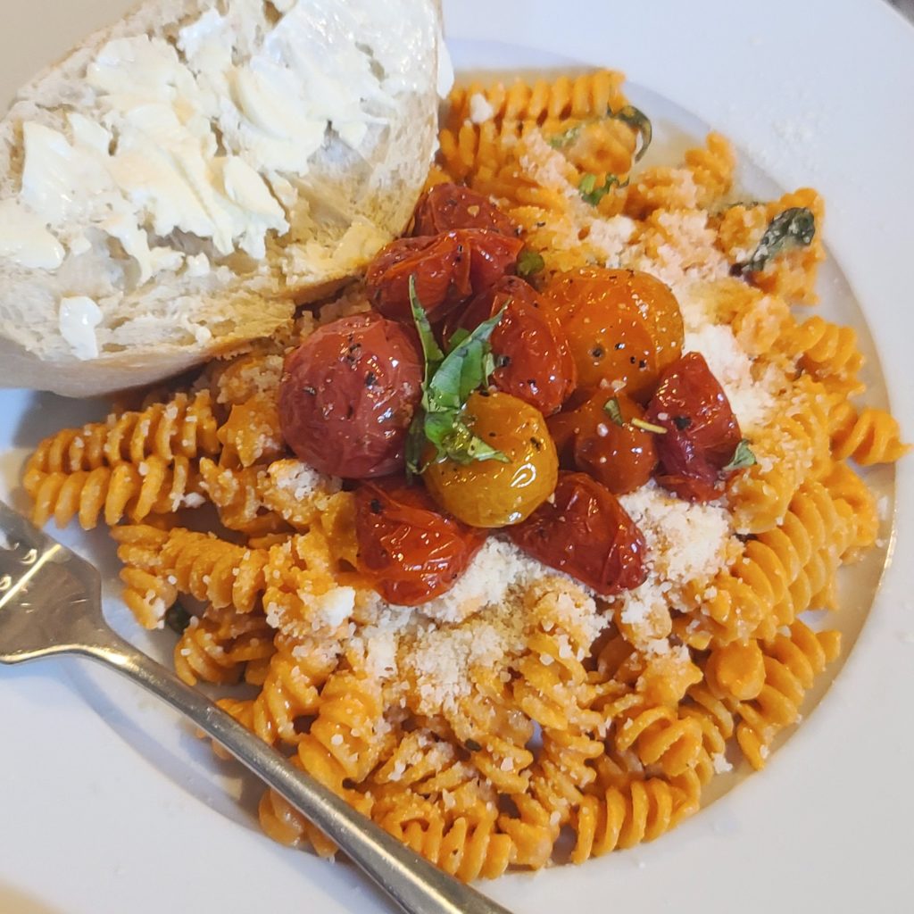 Rotini with slow-roasted tomatoes, basil, and vegan red pepper sauce