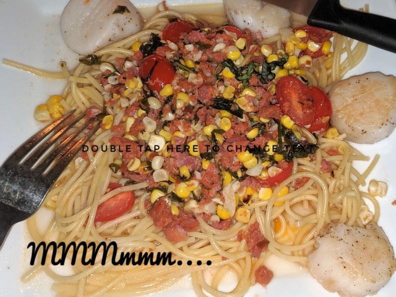 Scallops and chorizo over roasted vegetables and pasta Dining and Cooking