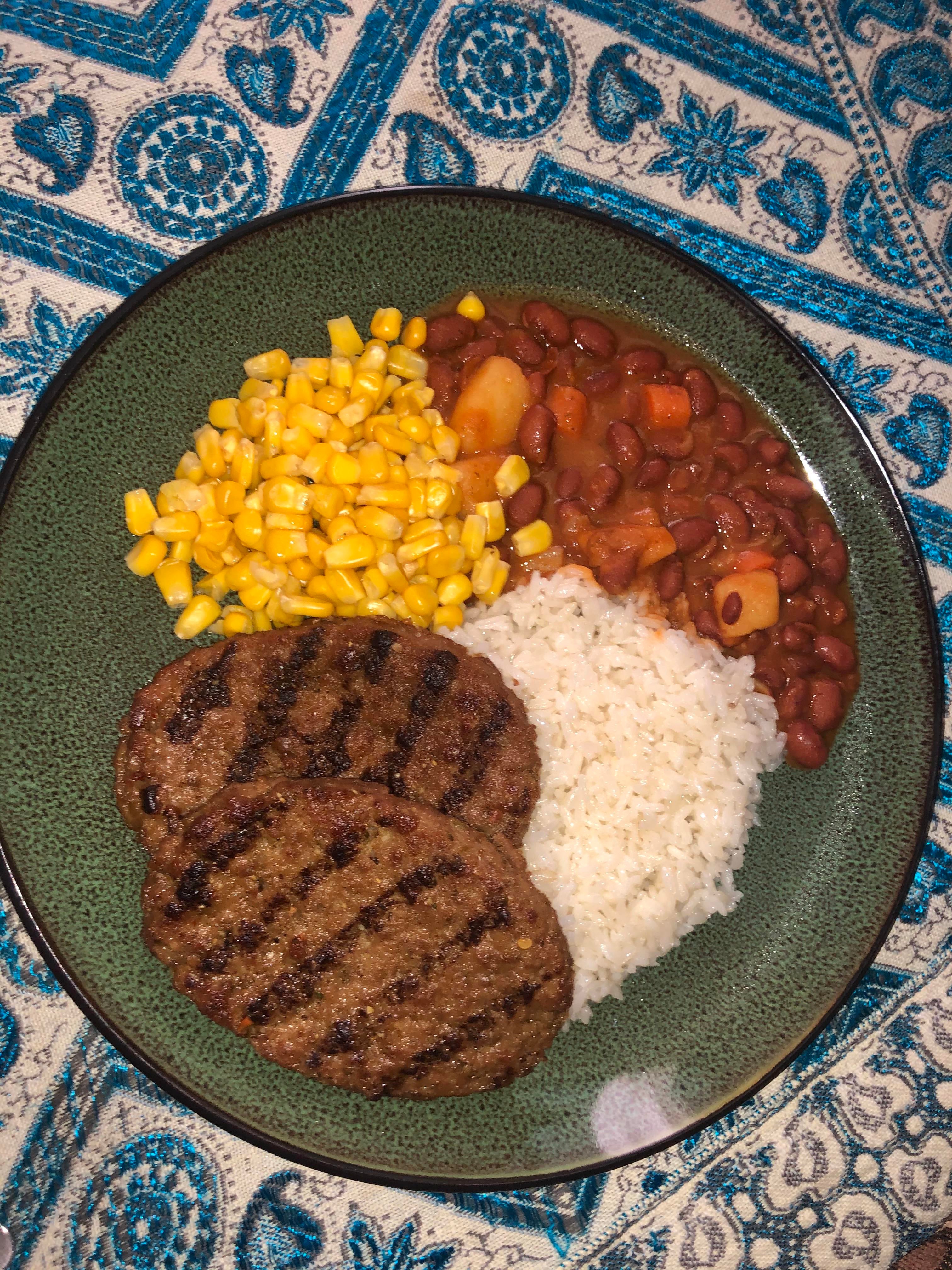 Salisbury steak, white rice, corn, beans and potatoes. Dining and Cooking