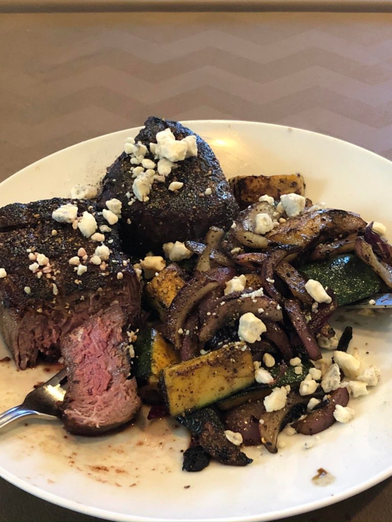 Filet mignon baked in the toast oven and then seared in a cast iron skillet. Zucchini and red onion.👅