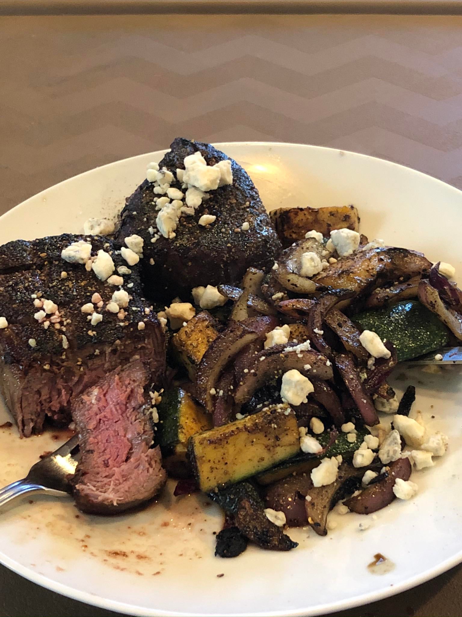 Filet mignon baked in the toast oven and then seared in a cast iron
