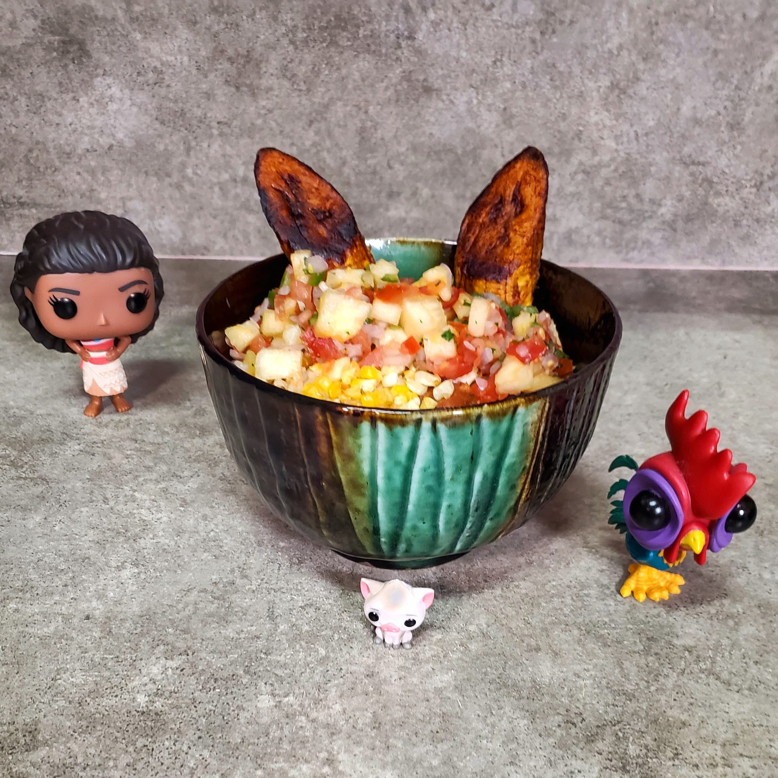 Red and black bean picadillo chili, rice with pigeon peas, pineapple