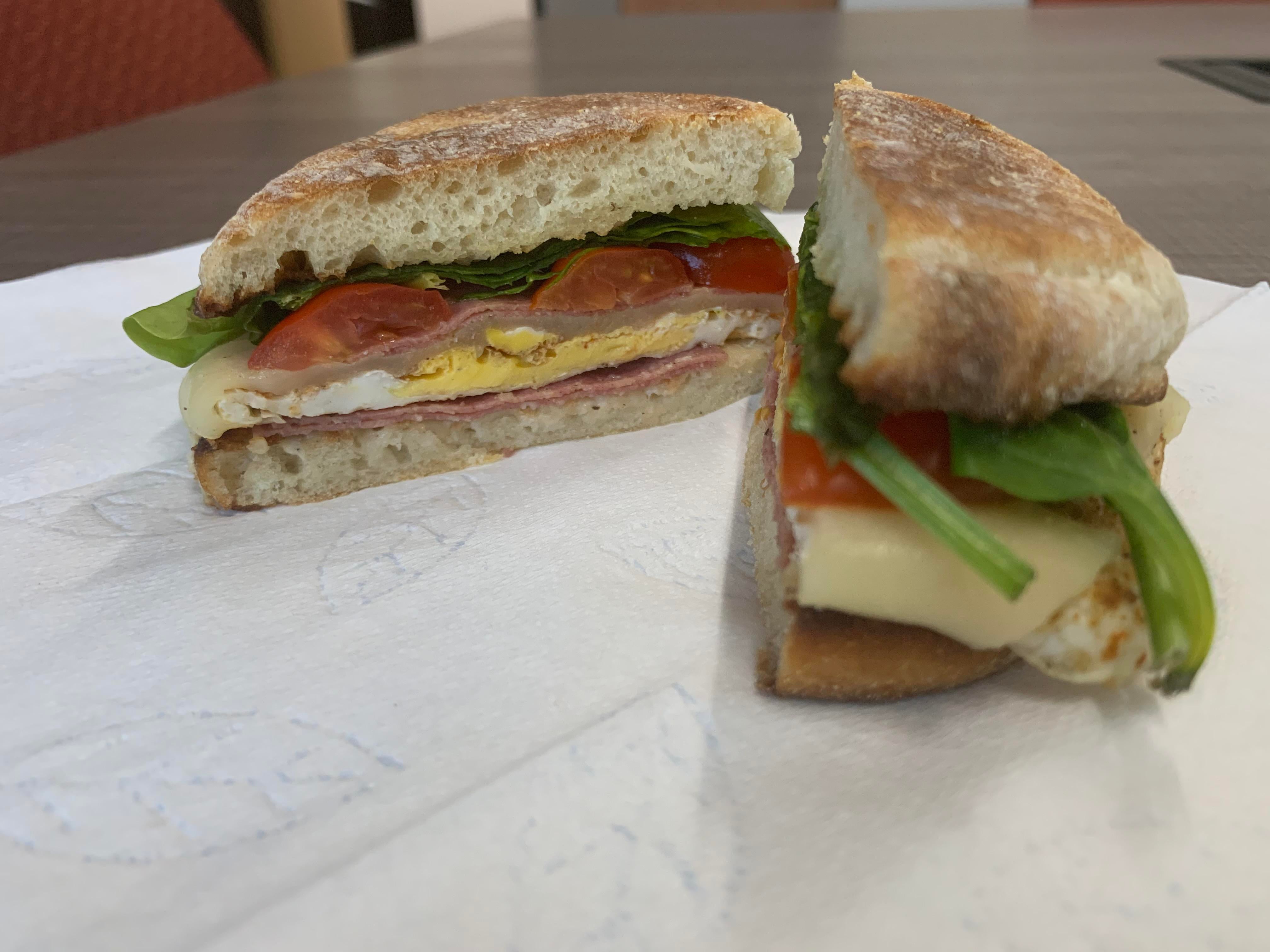 I made/ ate a Sour dough, English muffin, Salami and Swiss breakfast