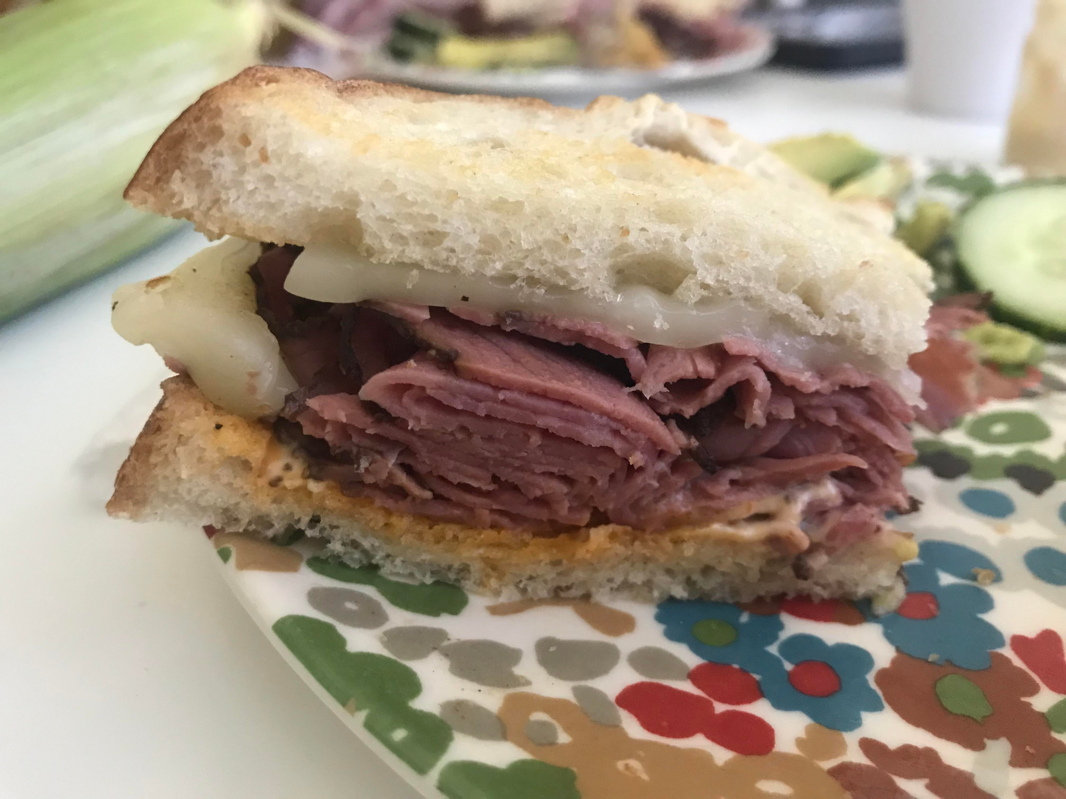 Hot Pastrami w melted mozzarella on toasted sourdough w mayo and