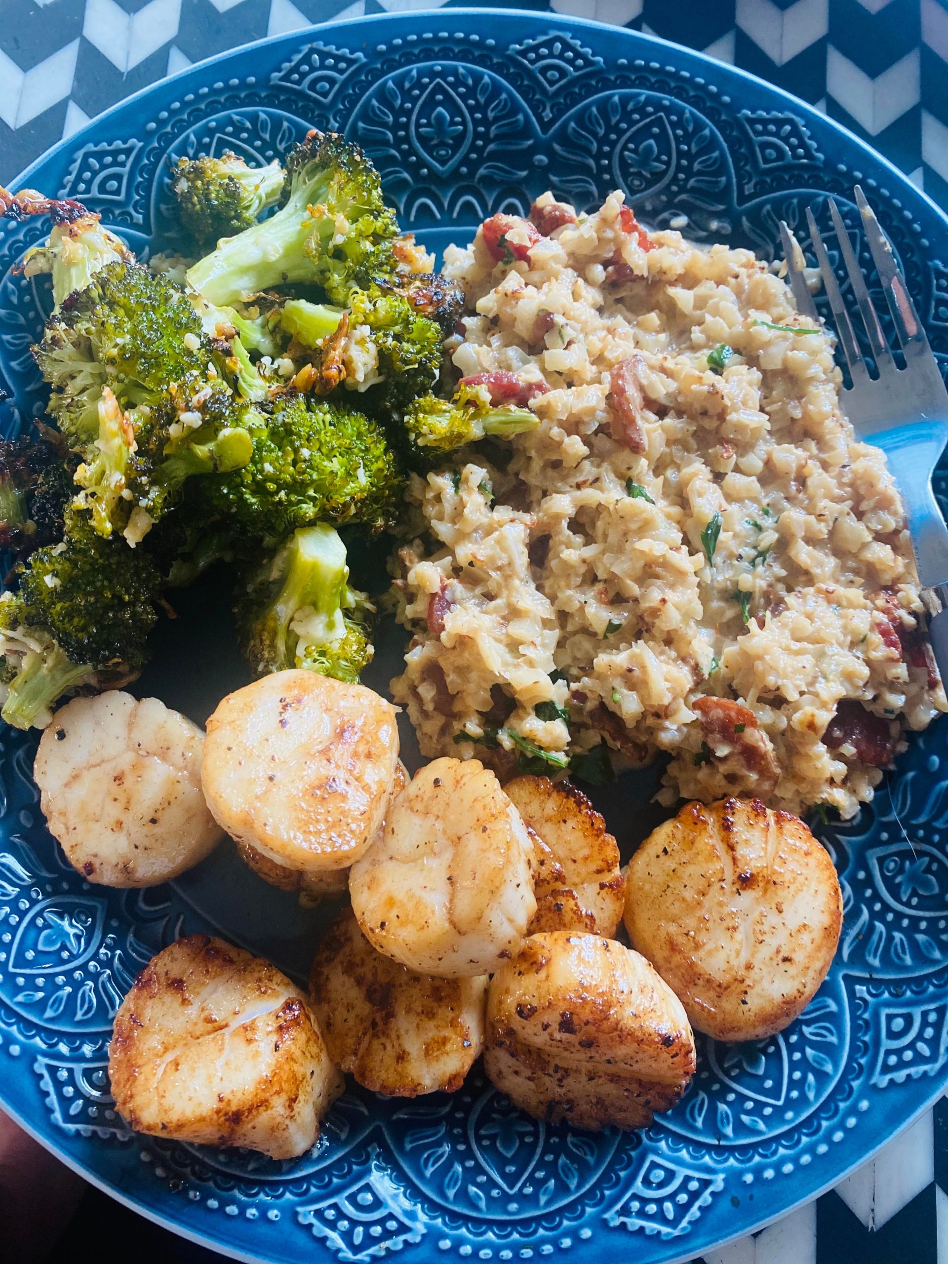 Brown butter scallops, roasted lemon garlic broccoli, and brown butter